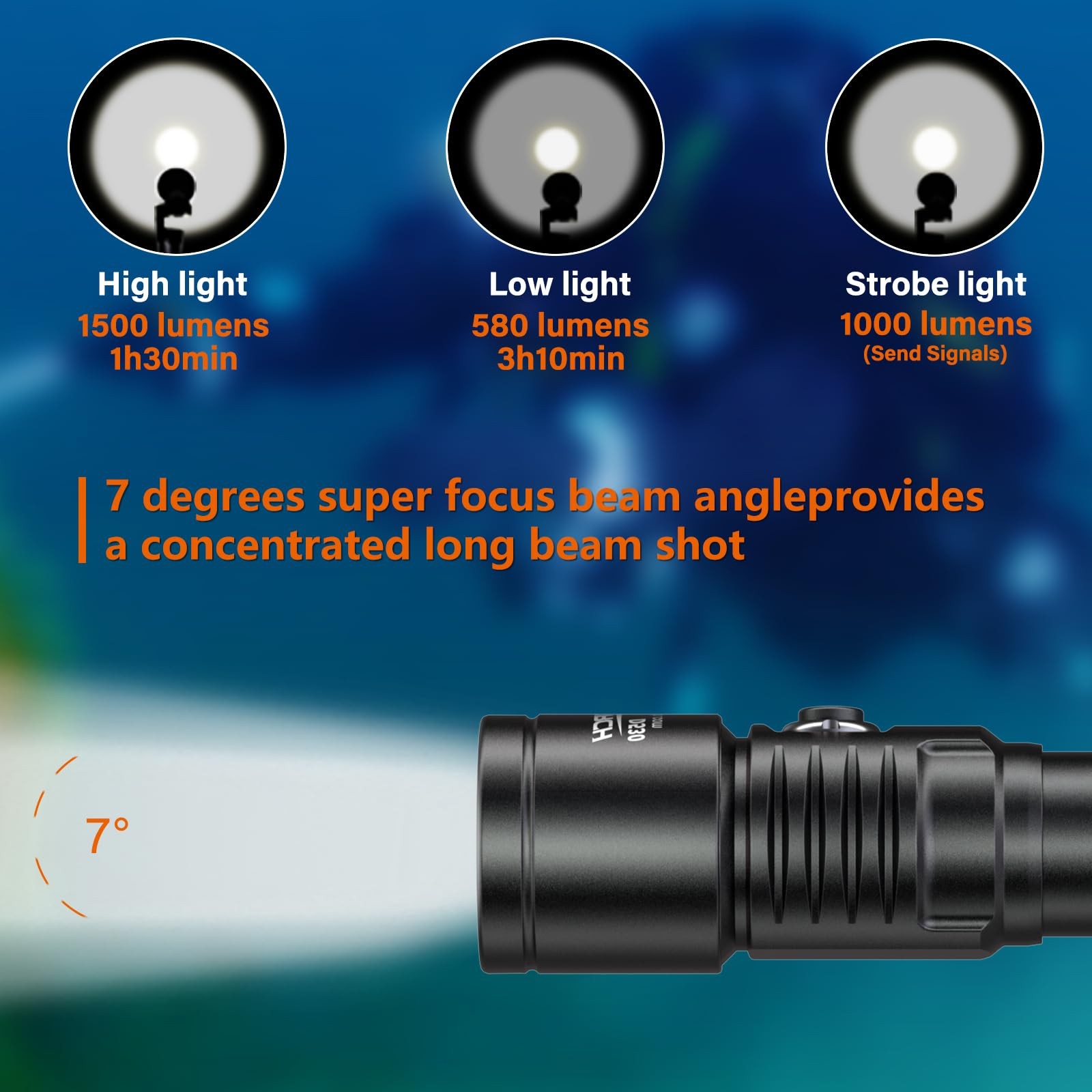 ORCATORCH D530 Scuba Dive Light, 1300 Lumens, 8 Degrees Narrow Beam Angle,