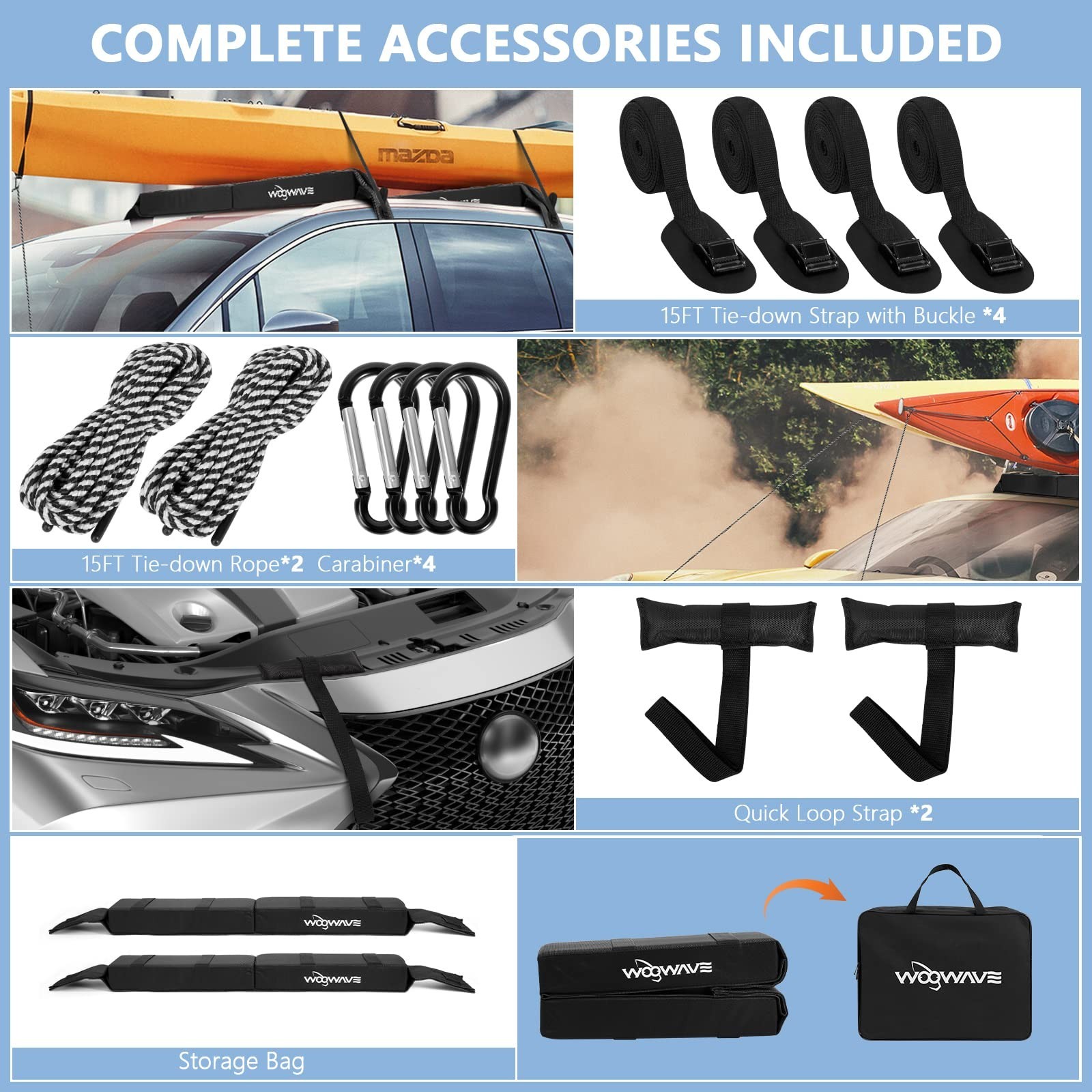 WOOWAVE Folding Kayak Soft Roof Rack Pads Universal Kayak Carrier Car Rack wi…