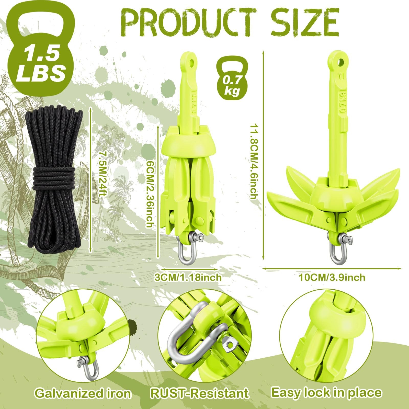 1 Pack 1.5/3.5 lb Marine Kayak Anchor Kit with 40ft Rope and Buoy Folding Gra…
