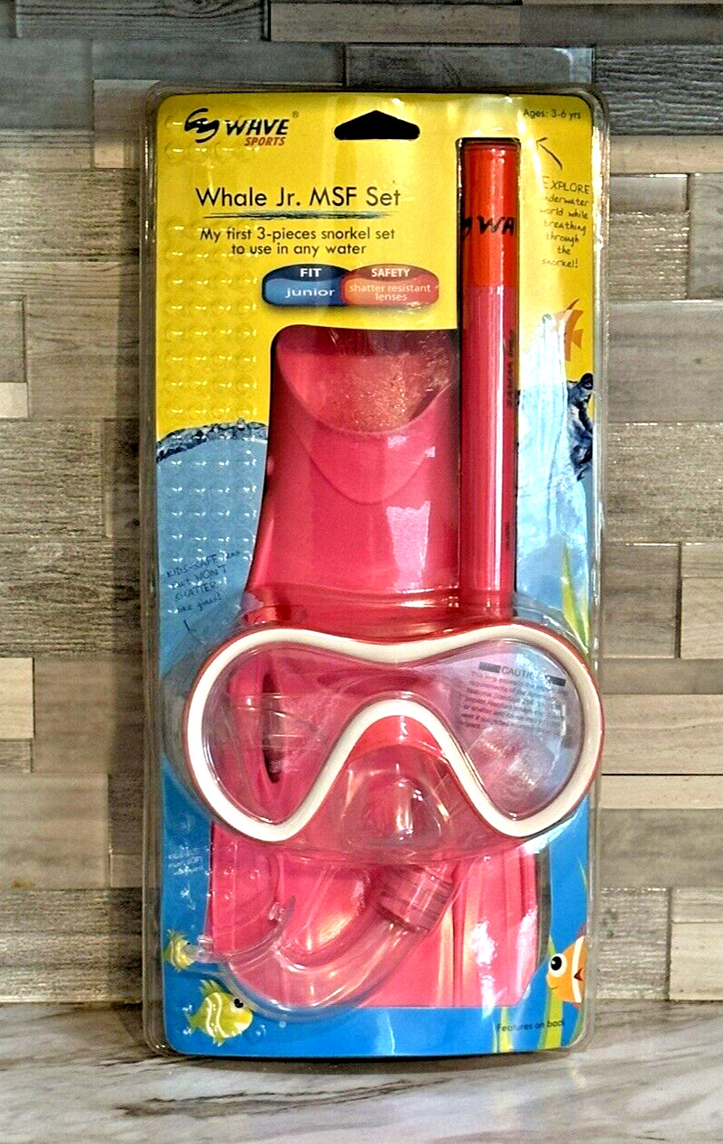 Wave Sports Fins Snorkel Mask 3 Piece Set Pink Whale Jr MSF Ages 3-6 Swimming