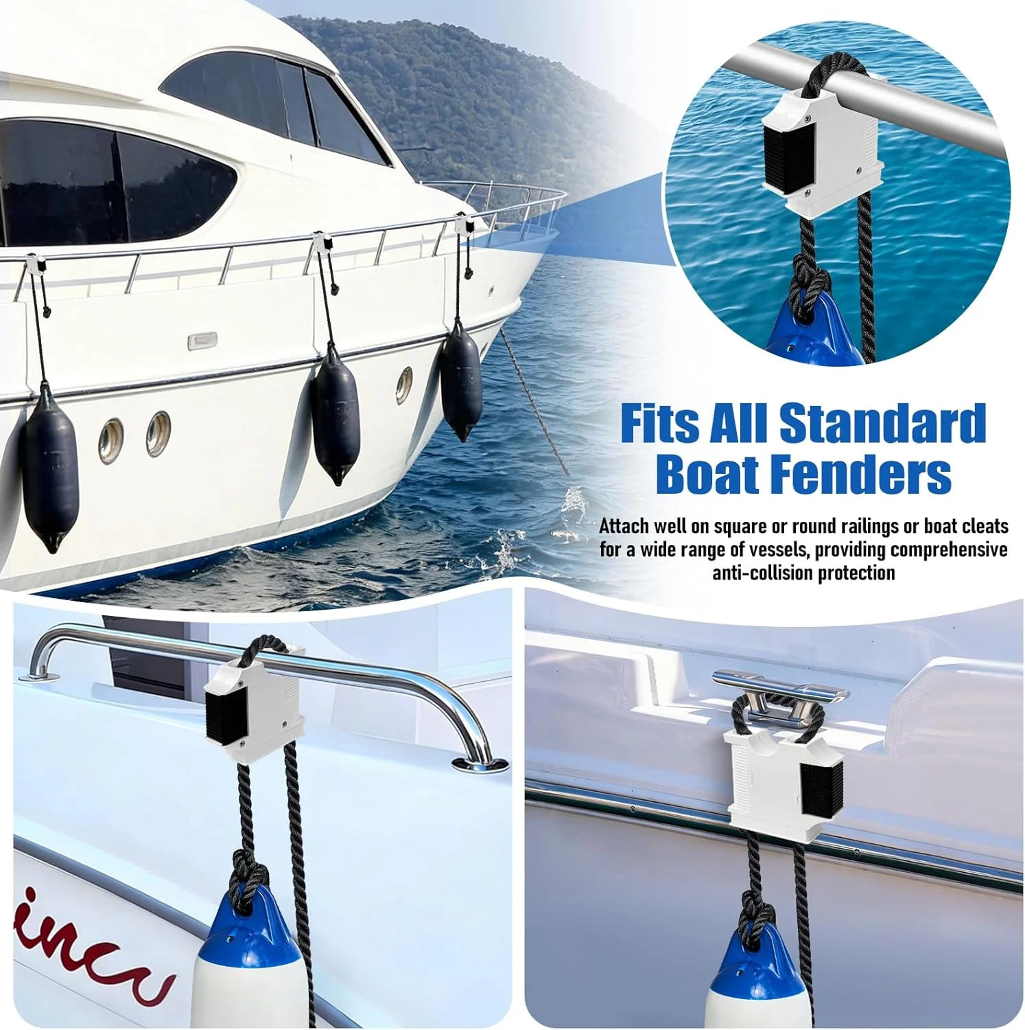 Boat Fender Hanger, Boat Rail and Cleat Fender Clips 2 Pack White, Quick Connect
