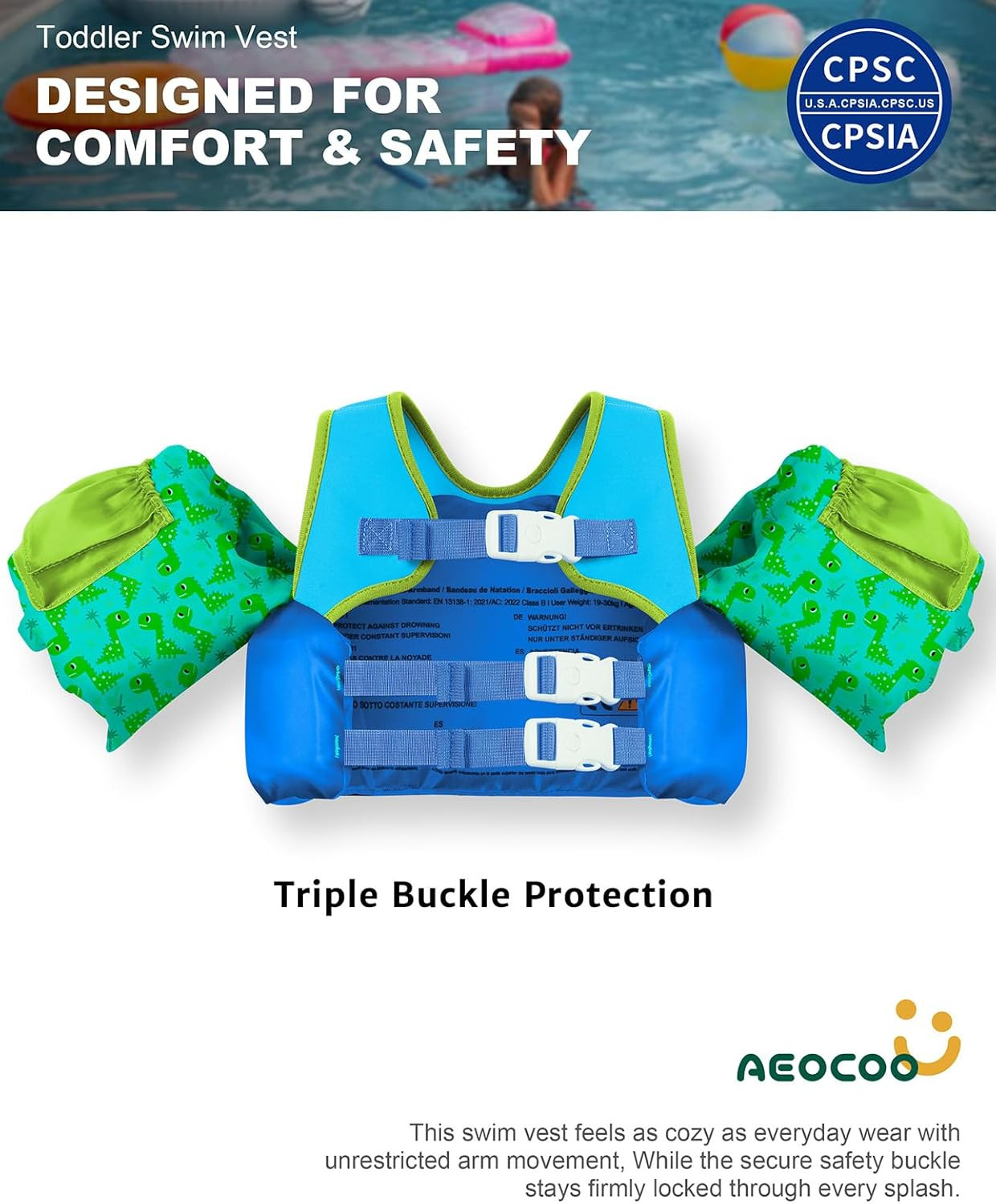 Puddle Float Jumper 20-30-50-60-70 Pounds, Toddler Swim Vest for 1-3-5-6-9 Years