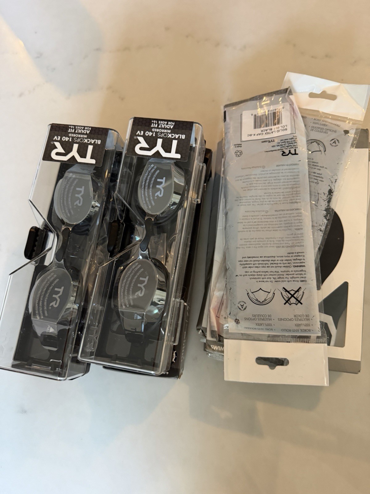 TYR Blackops 140 EV Mirrored Adult Fit Goggles-4 Pairs. 3 Silicone +2 Latex Caps