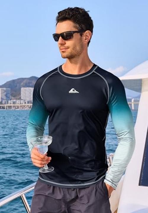 Mens UPF 50+ Rash Guard Sun Protection Moisture X-Large Black-blue White
