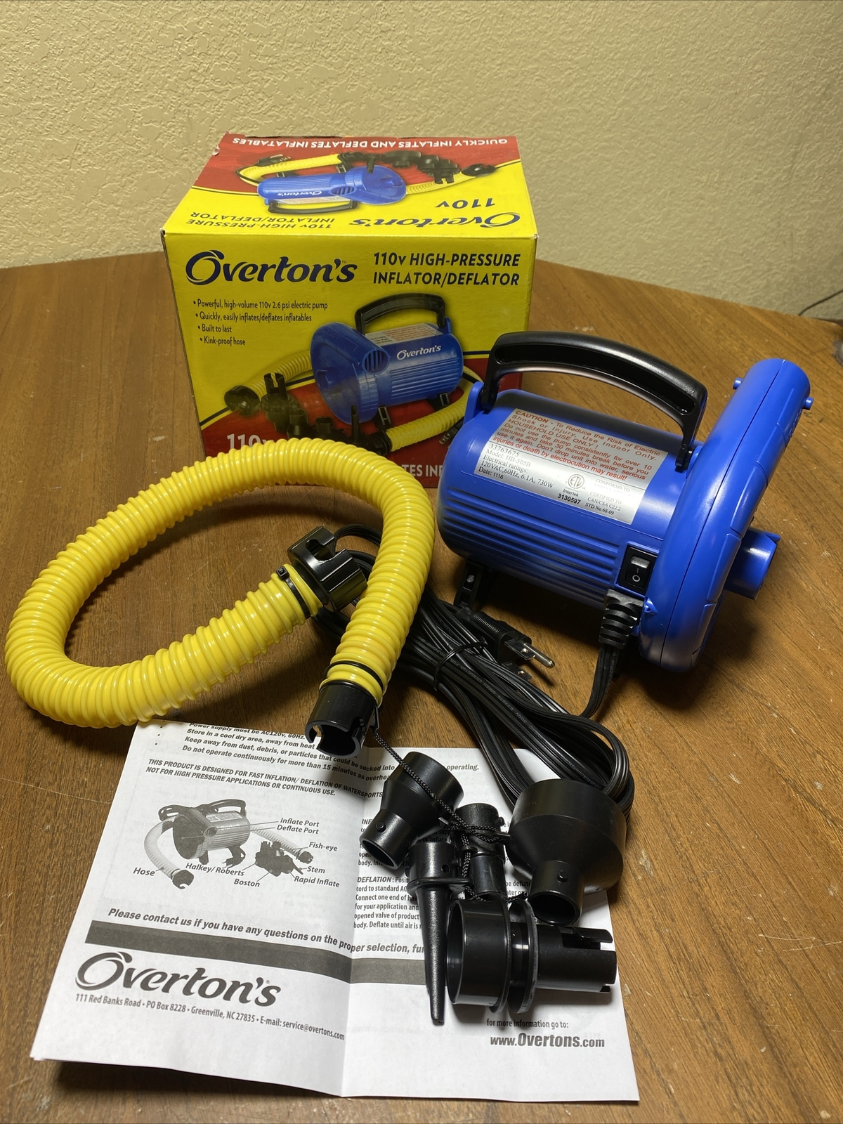 OVERTONS High Pressure PUMP Inflator & Deflator 110v MARINE AUTO BOAT