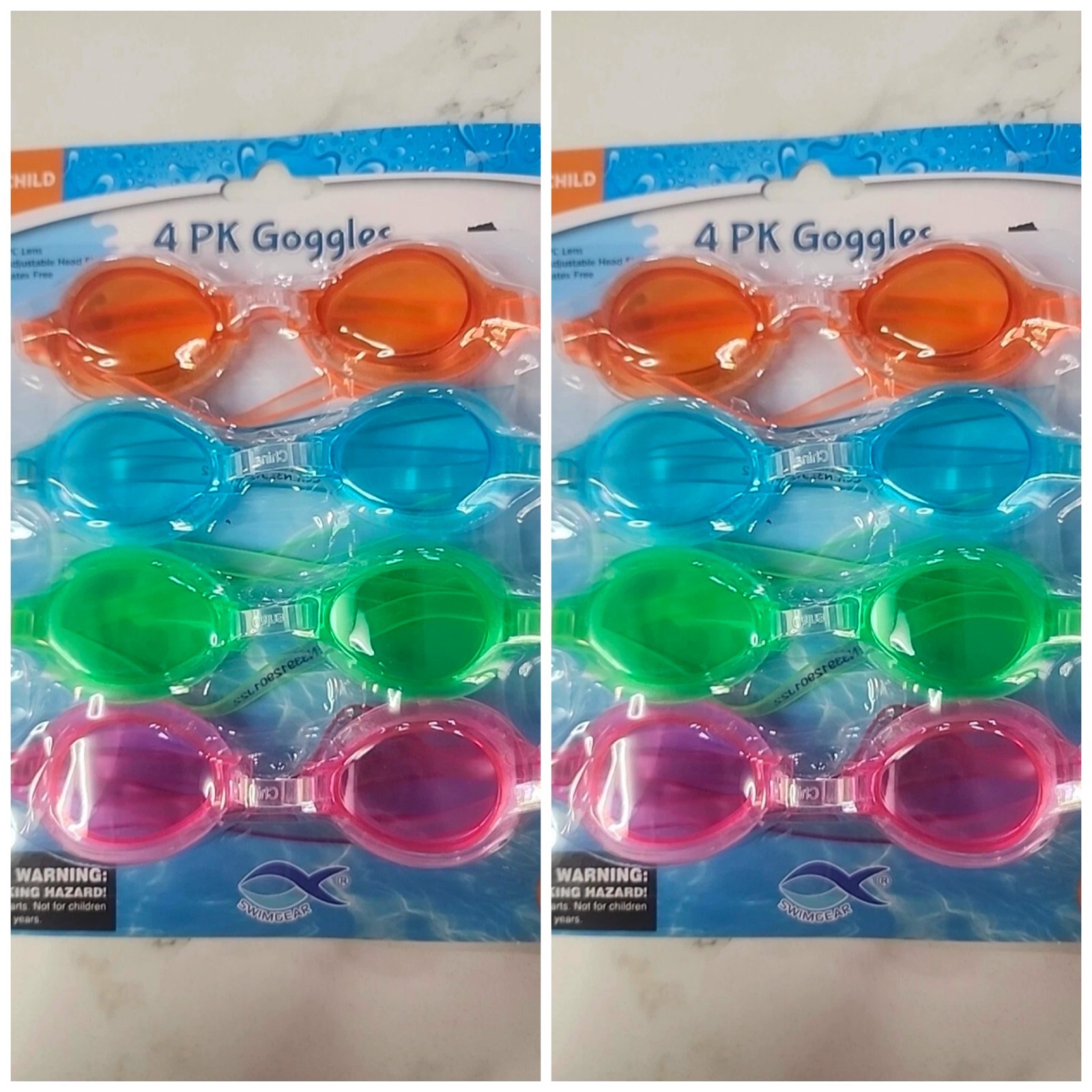 Swim Goggles (2)4 Pack Multicolored Child Googles Orange Blue Green Pink Ages 4+