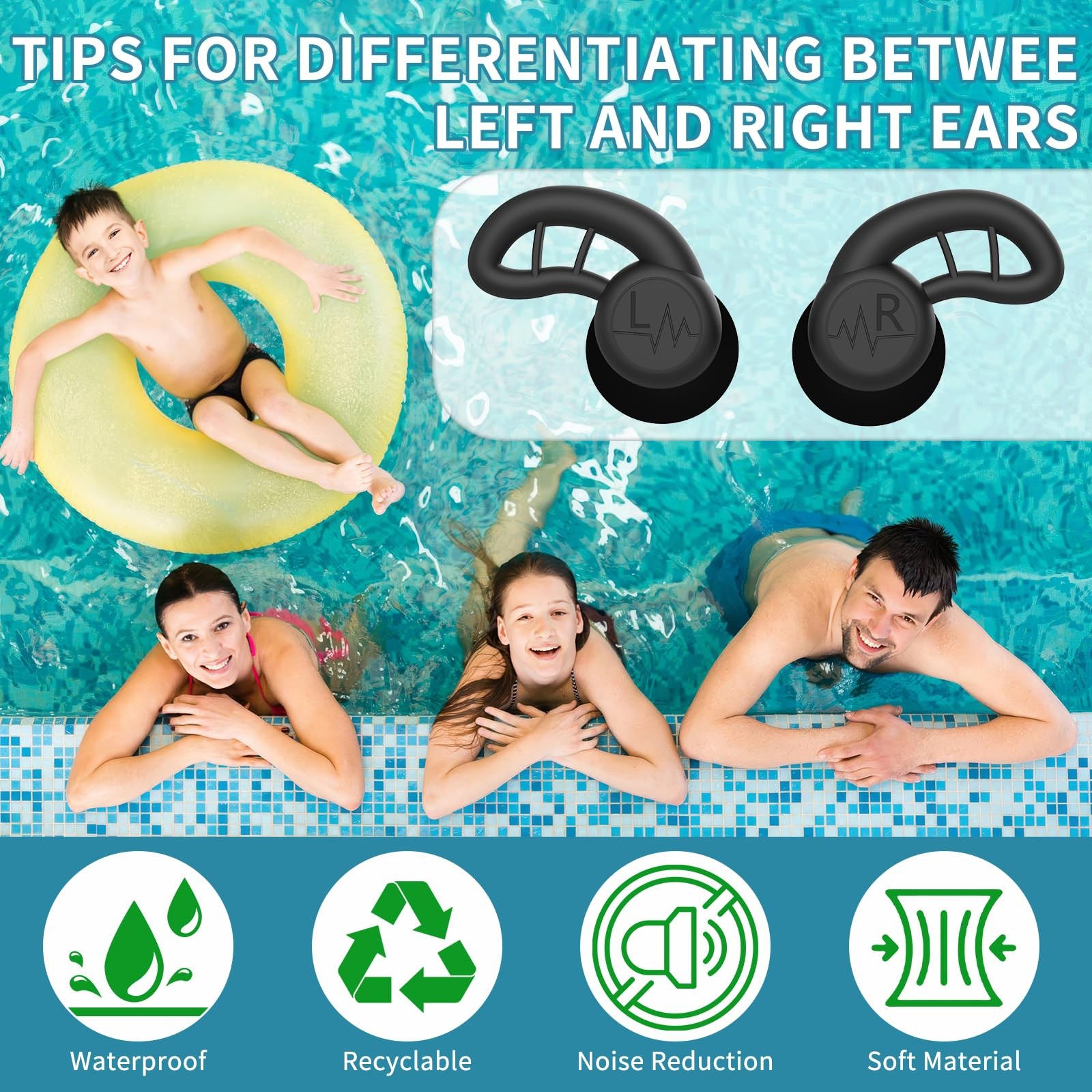 Swimming Ear Plugs for Adults, 4 1 pair (Pack of 4), Black Gray Blue Green