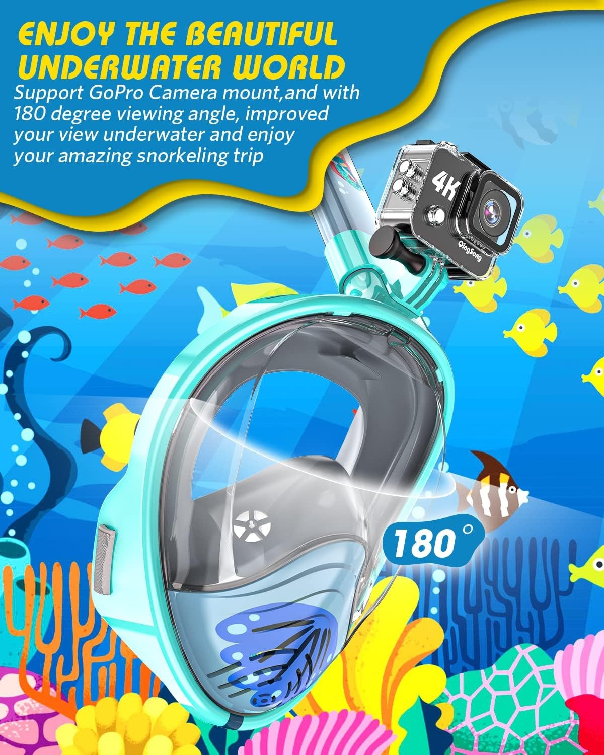 QingSong Kids Snorkel Mask Full Face, Snorkeling Set with Camera Mount, Folda…