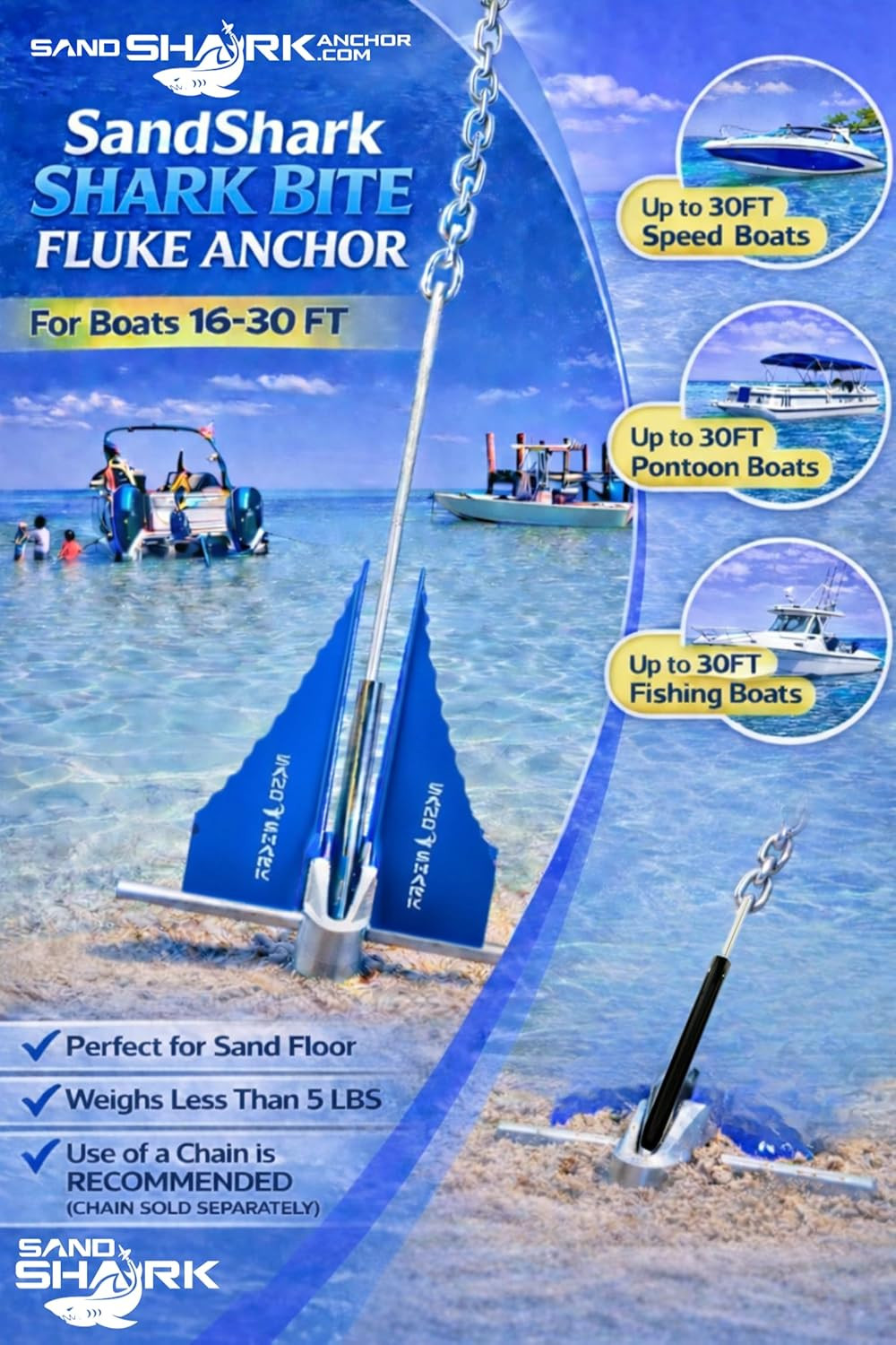 Sandshark Premium Fluke Anchor-Retractable Shaft Easy Storage-Aluminum Pontoon B