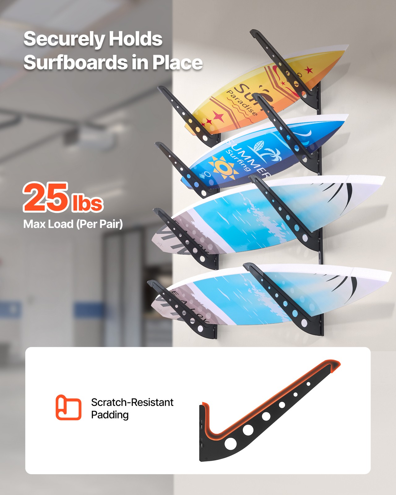 VEVOR Surfboard Wall Mount 4 Tiers Horizontal Surfboard Rack for Storage Display