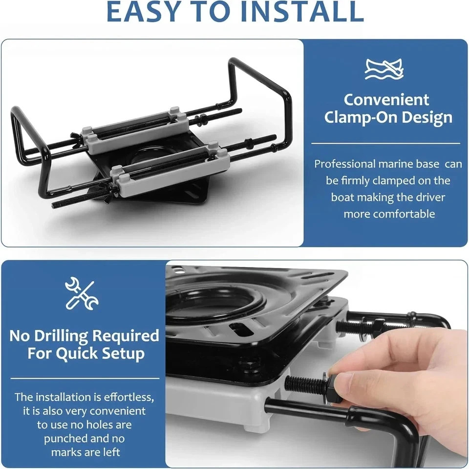 Adjustable Boat Seat Swivel Mount 7.5-18″ – Clamp-on Base for Jon Boat & Fishing