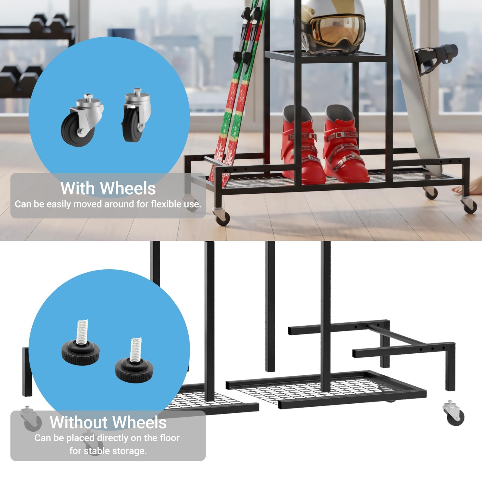 Standing Ski Storage Rack, Holds Snowboards & Skis, 3-Tier Organizer for Gear…