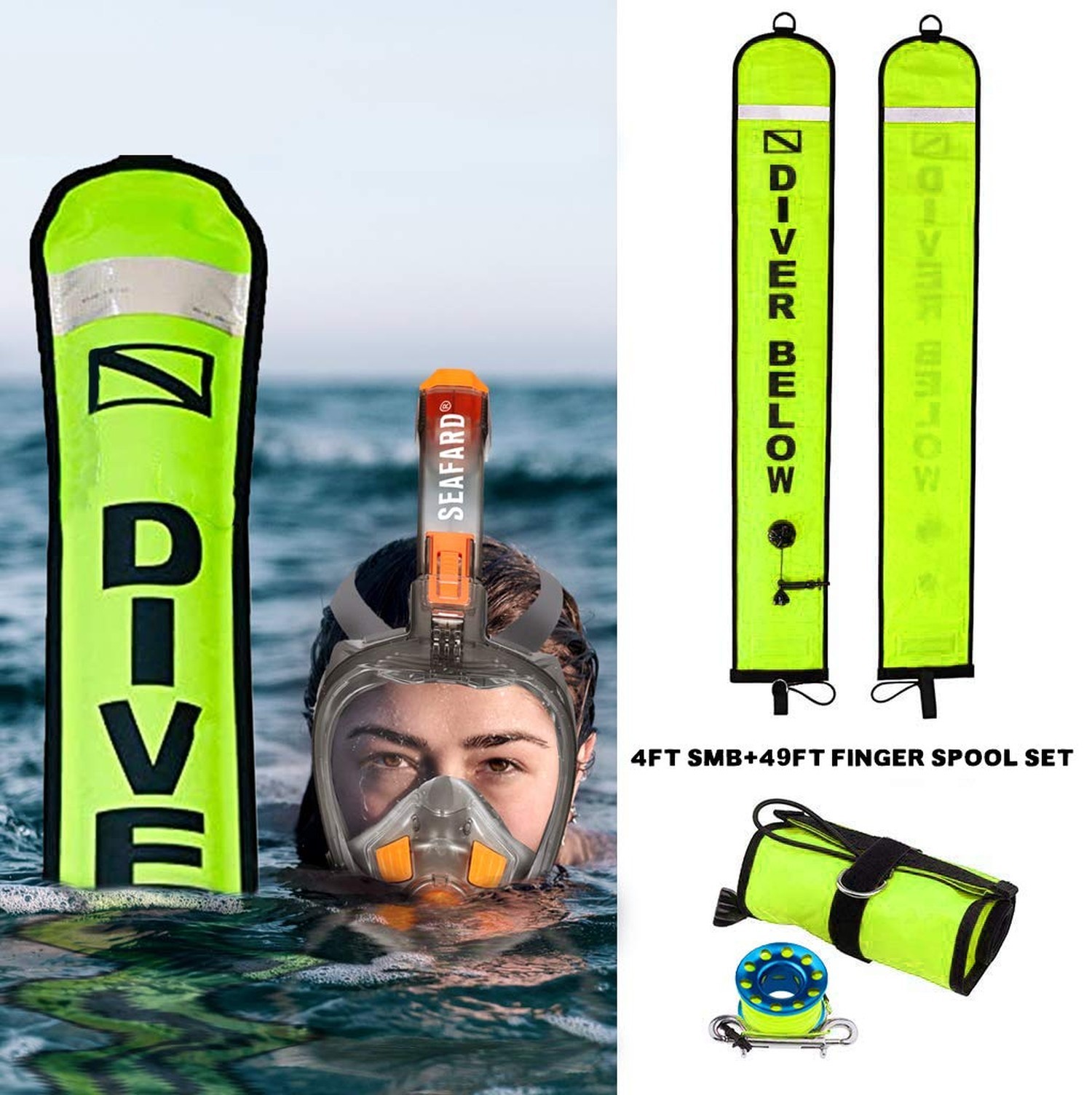 4ft Yellow Scuba Diving SMB, Open Bottom Surface Marker Buoy with Safety Saus…