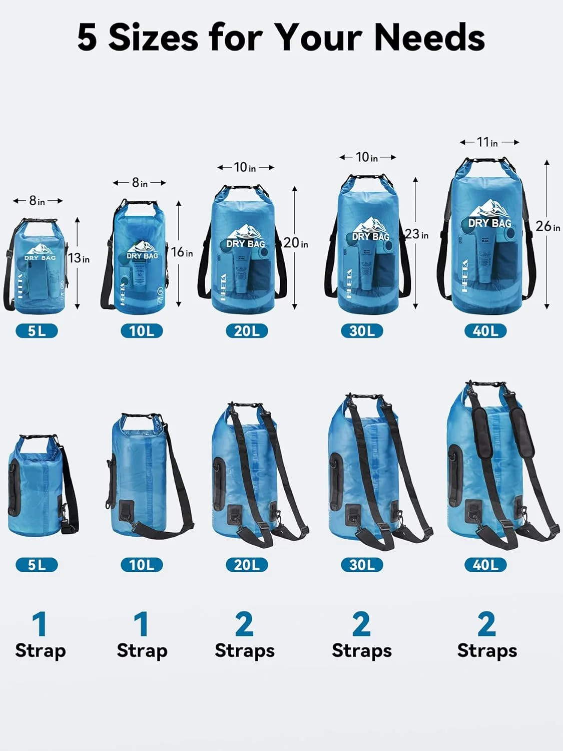 HEETA Dry Bag Waterproof for Women Men, 5L/10L/20L/30L/40L Roll Top Lightweight
