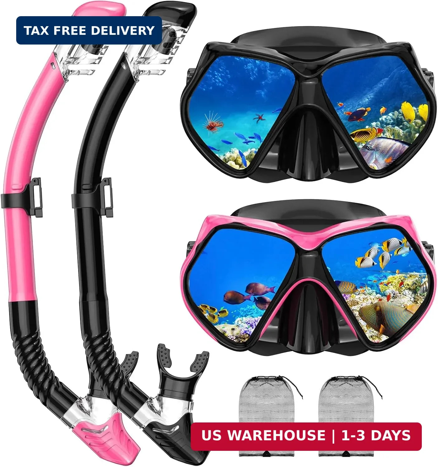 Adult Snorkeling Gear Set Dry Top Mask Anti Fog Goggles HD Tempered Glass Travel