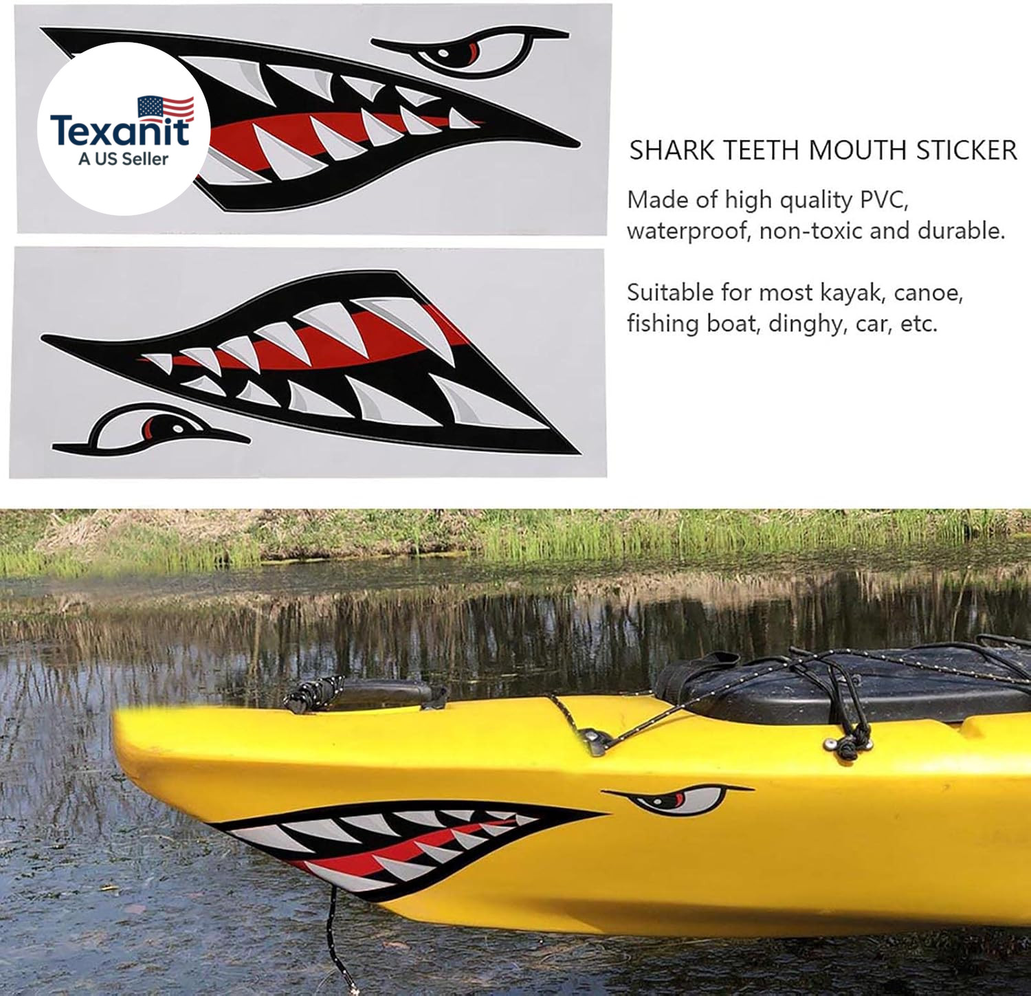 2 Pieces Shark Teeth Mouth Kayak Stickers, Waterproof DIY Funny Shark Teeth Mout