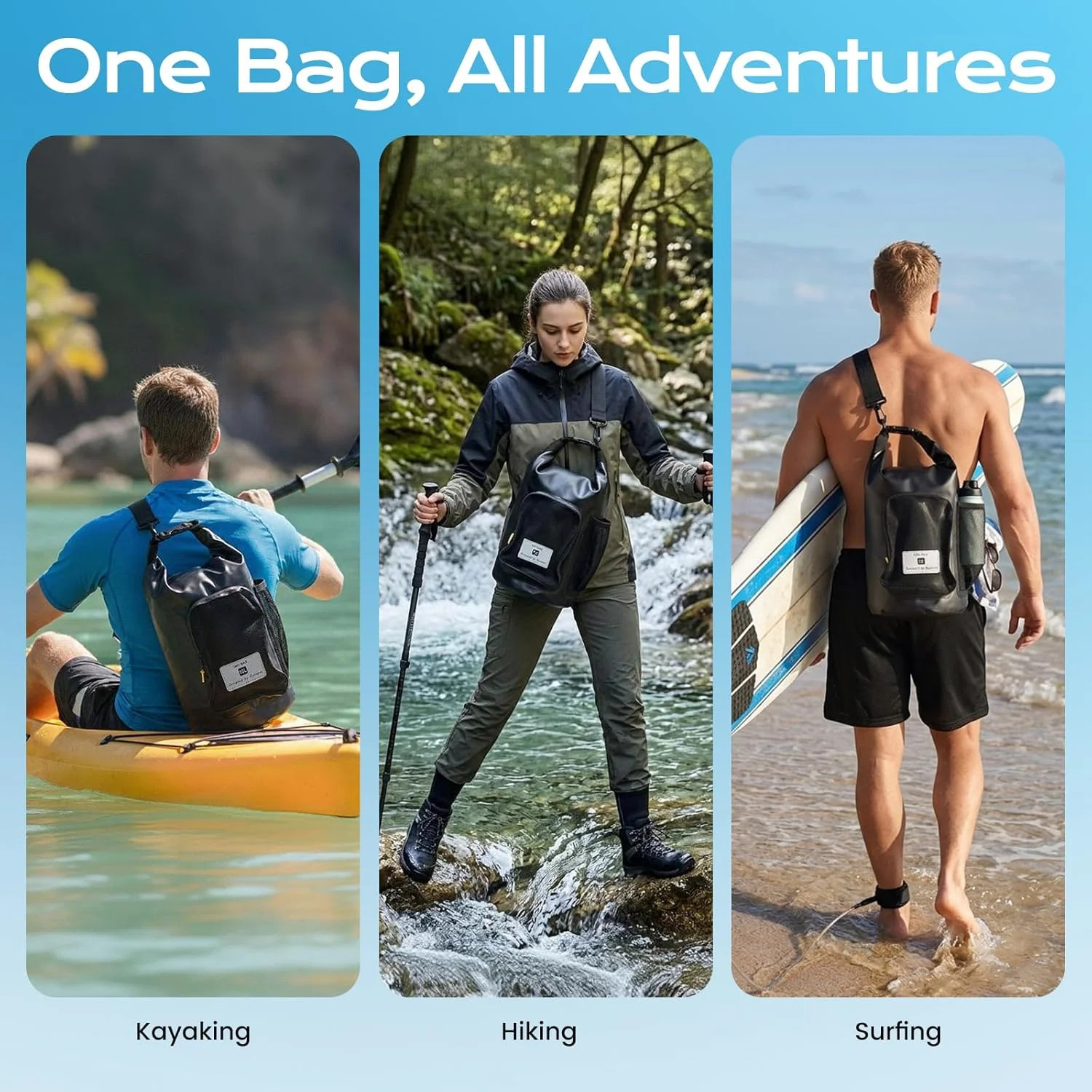 5L Waterproof Dry Bag with Bottle Holder & Mesh Pocket, 500D PVC Tarpaulin Roll