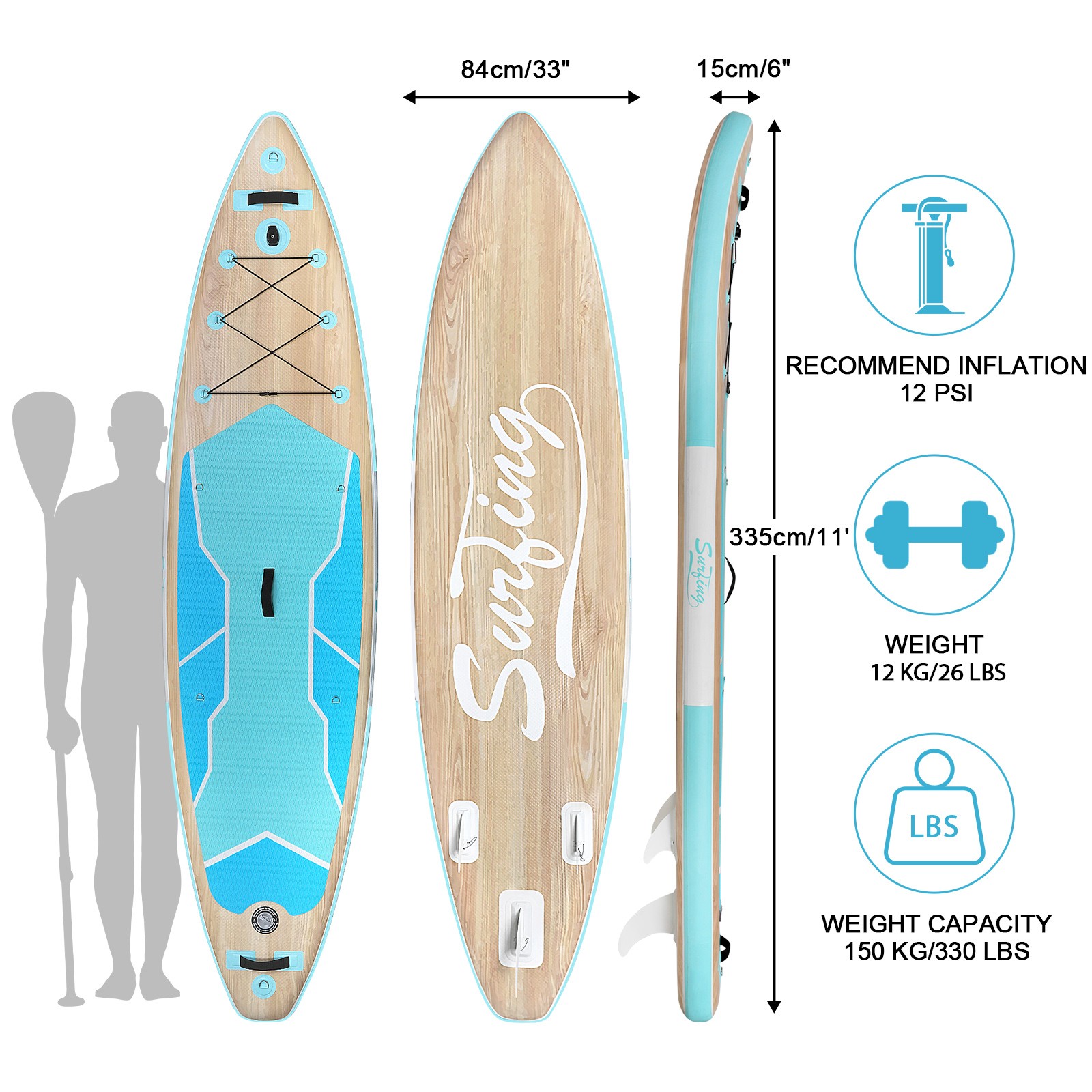 11FT Inflatable Stand Up Paddle Board | 33″Wide | 330LBS Capacity | 3-Fin System