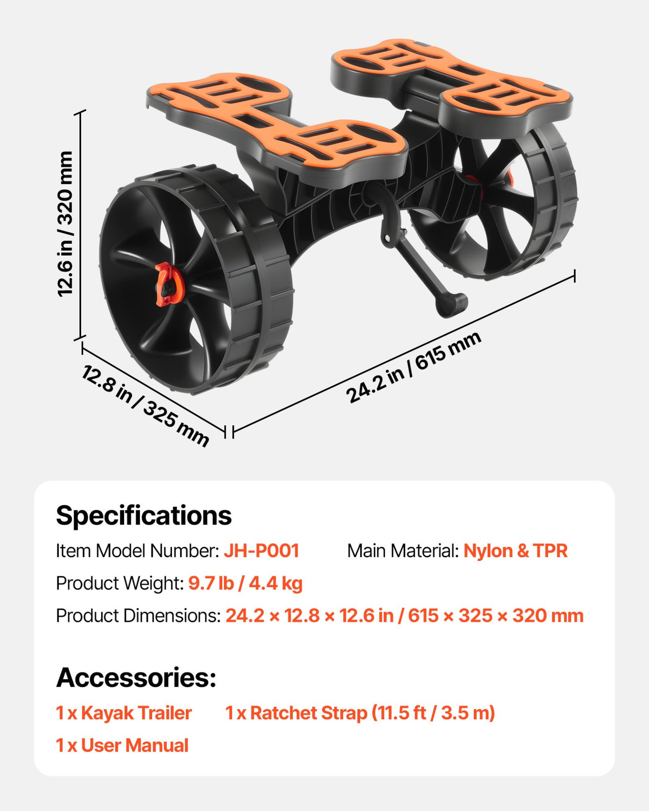 VEVOR Kayak Cart – 300 lbs Capacity Foldable Trolley with 10” Rubber Tires