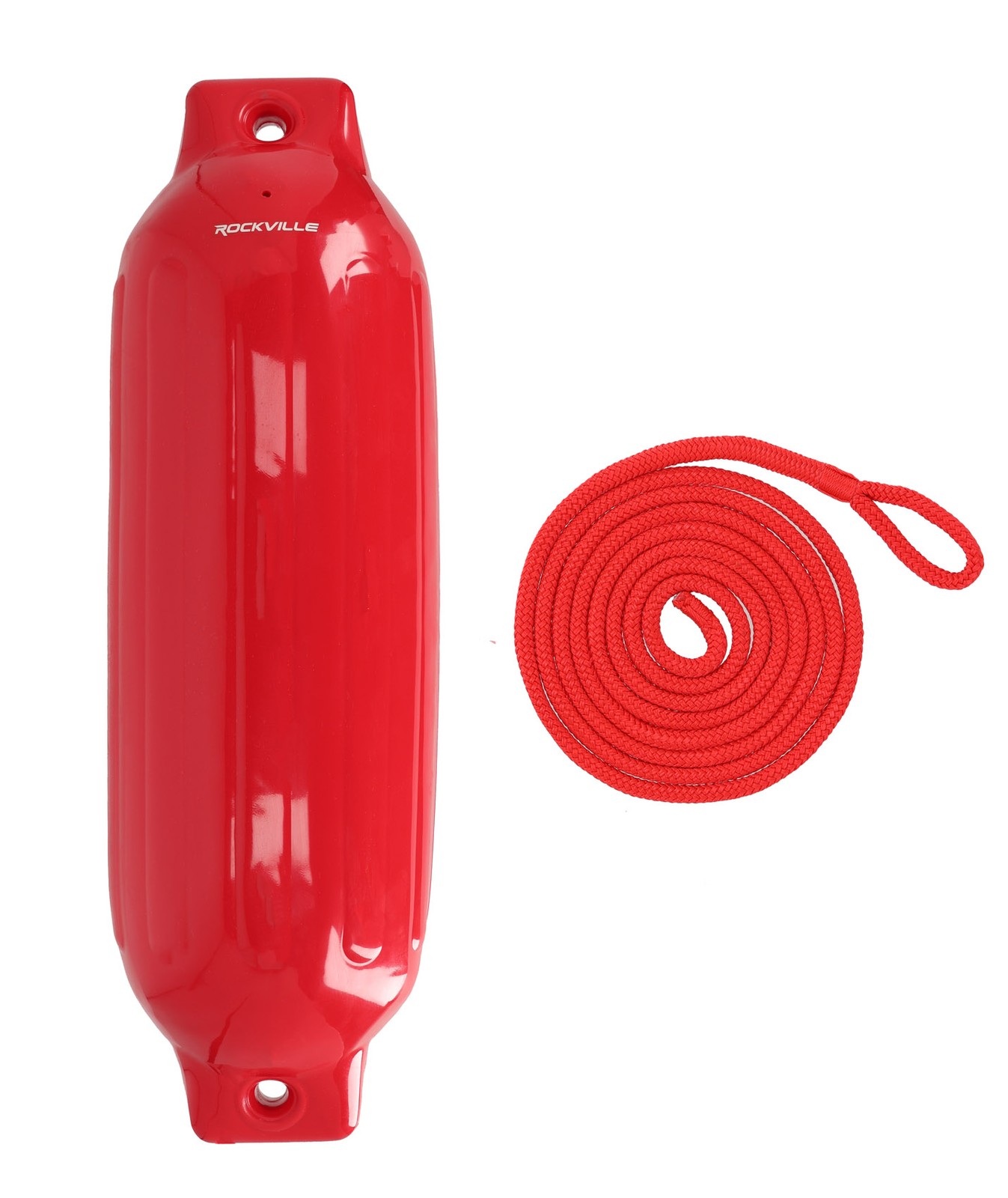 (2) Rockville FEN185-RED 8.5″ x 27″ Boat Fenders + 10 Foot Line Marine Bumpers