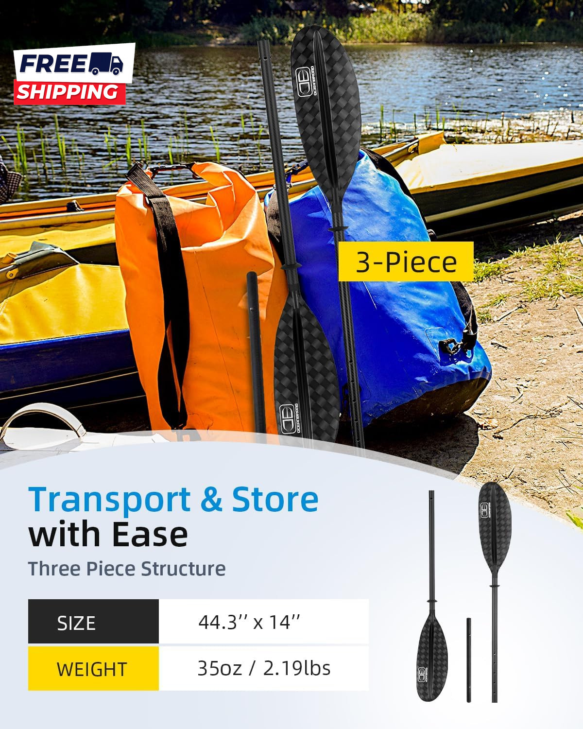 Adjustable Carbon Fiber Kayak Paddle 86In/220Cm to 94In/240Cm Kayaking Oar
