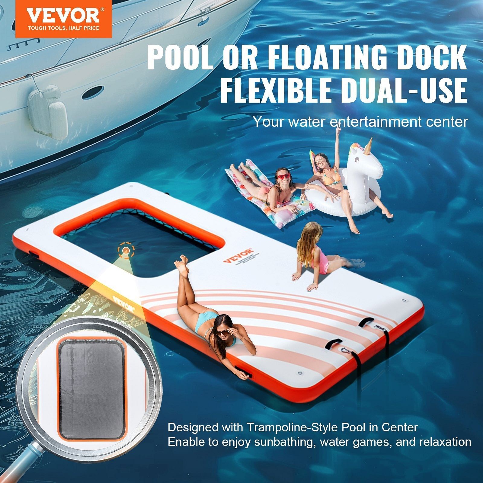 Inflatable Floating Dock, 15×6.5FT Inflatable Dock Platform with 4*6FT Trampoli