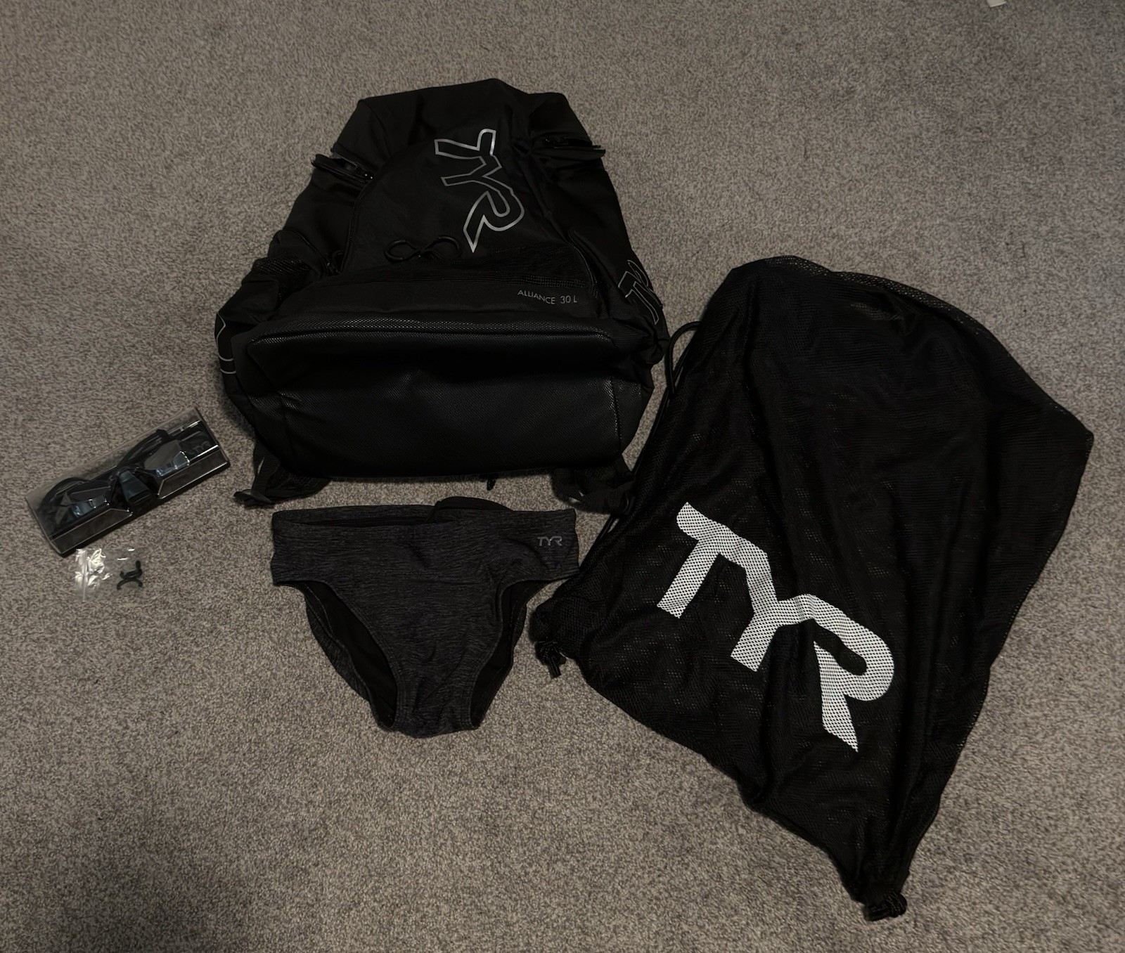 TYR Swim Gear Lot: Alliance 30L Backpack, Blackops 140 EV Goggles, Brief Sz 30
