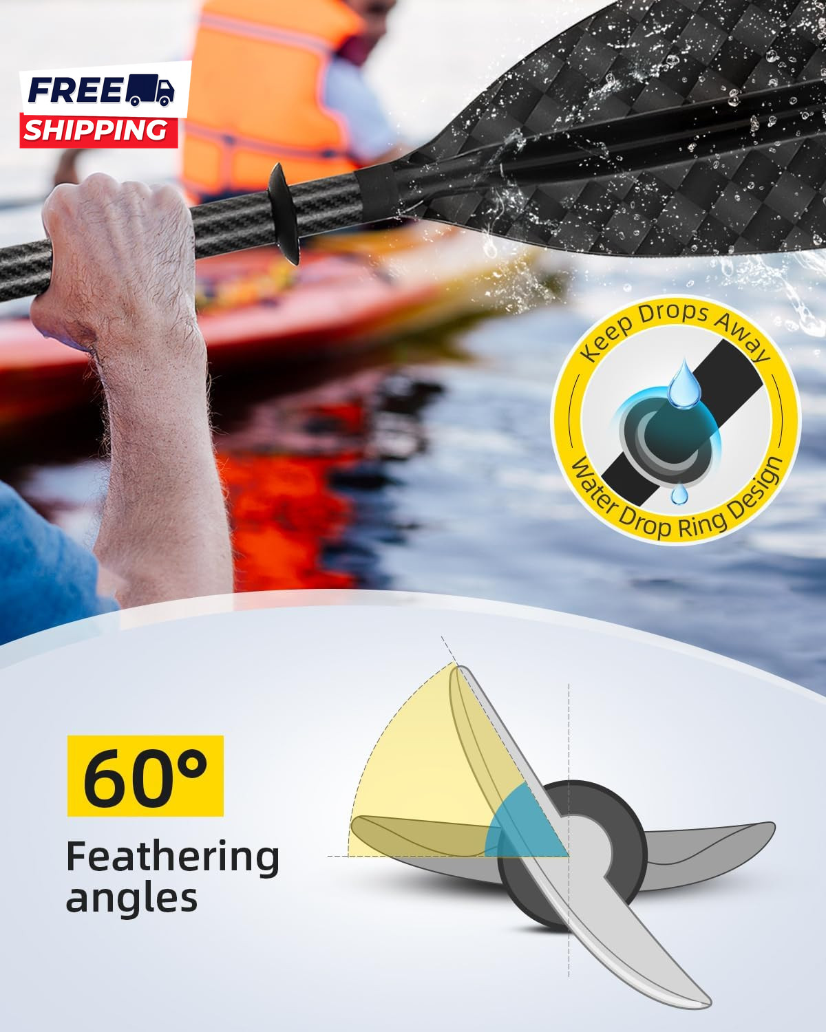 Adjustable Carbon Fiber Kayak Paddle 86In/220Cm to 94In/240Cm Kayaking Oar