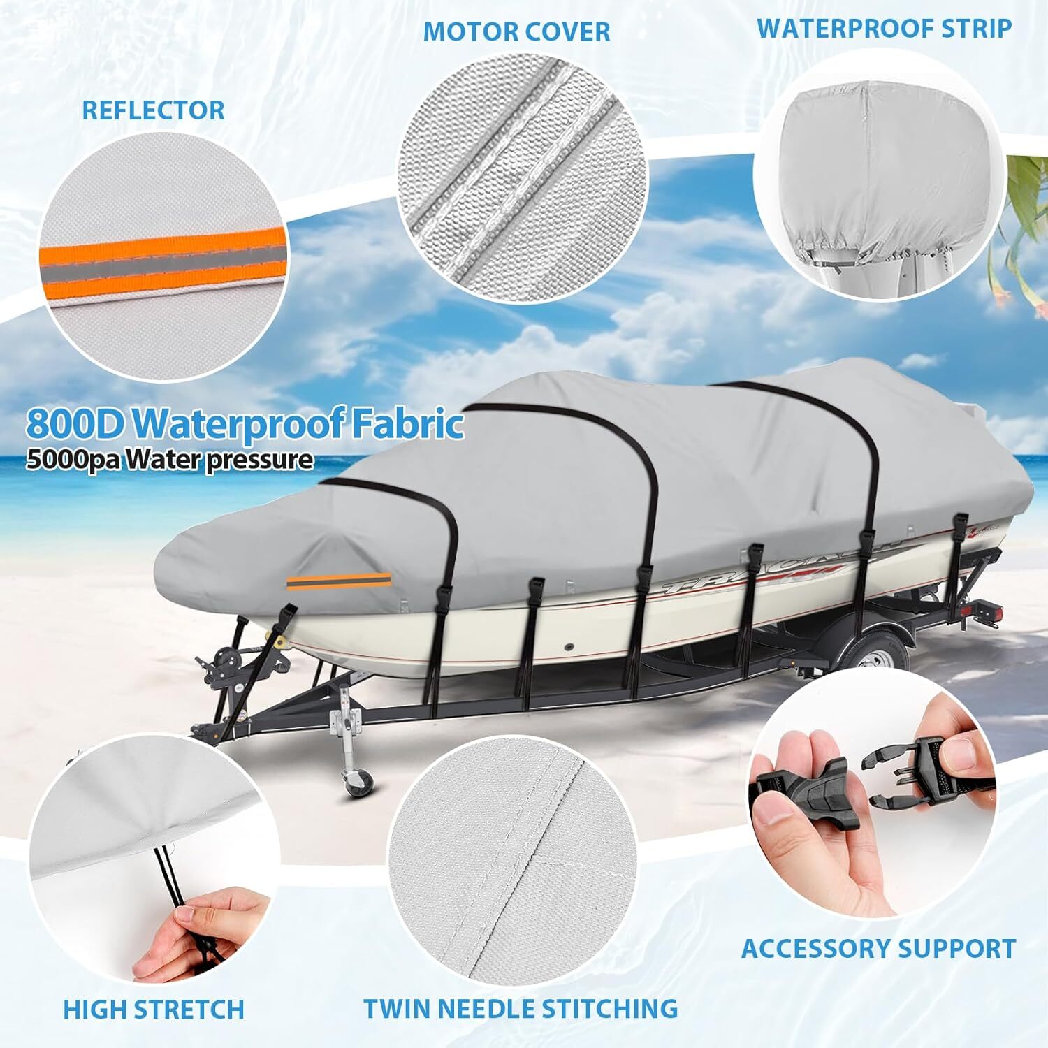 Waterproof Boat Cover 20-22ft, Heavy Duty 800D Marine Grade Oxford Cloth,