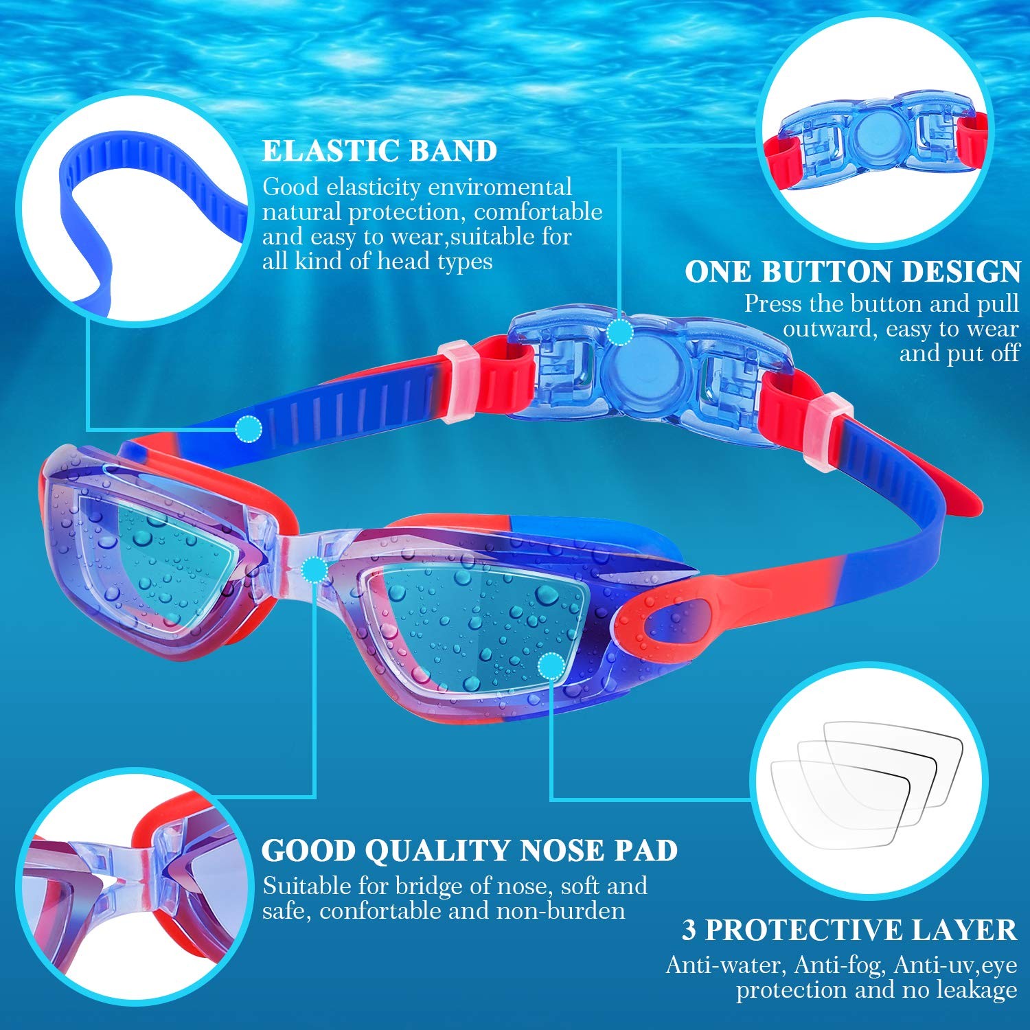 COOLOO Kids Swim Goggles, 2 Packs 02.black Red/Clear Lens&blue Lens