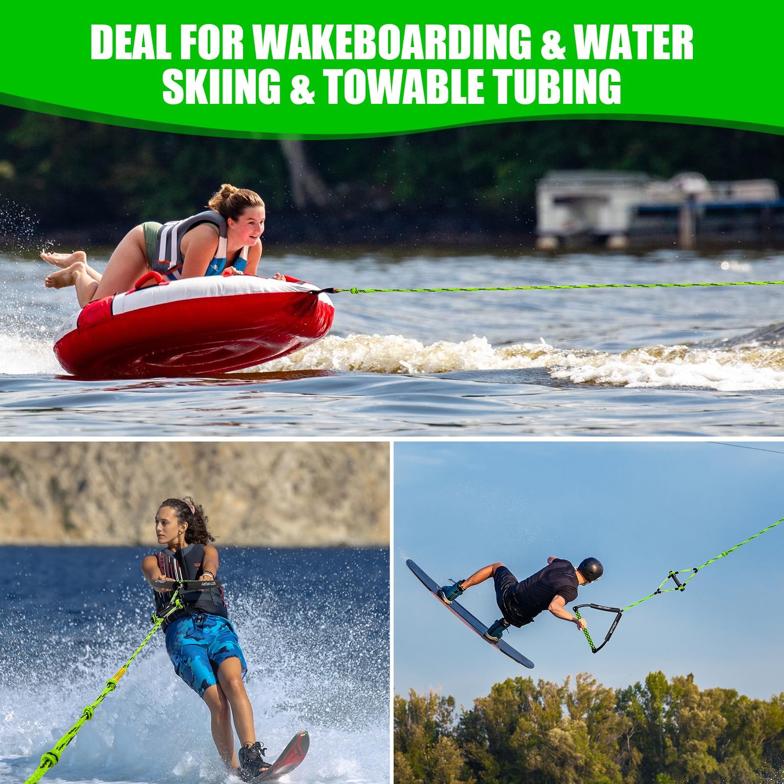 SETYPARY 75FT Wakeboard Rope and Handle, Floating Water 75ft, Green & Black