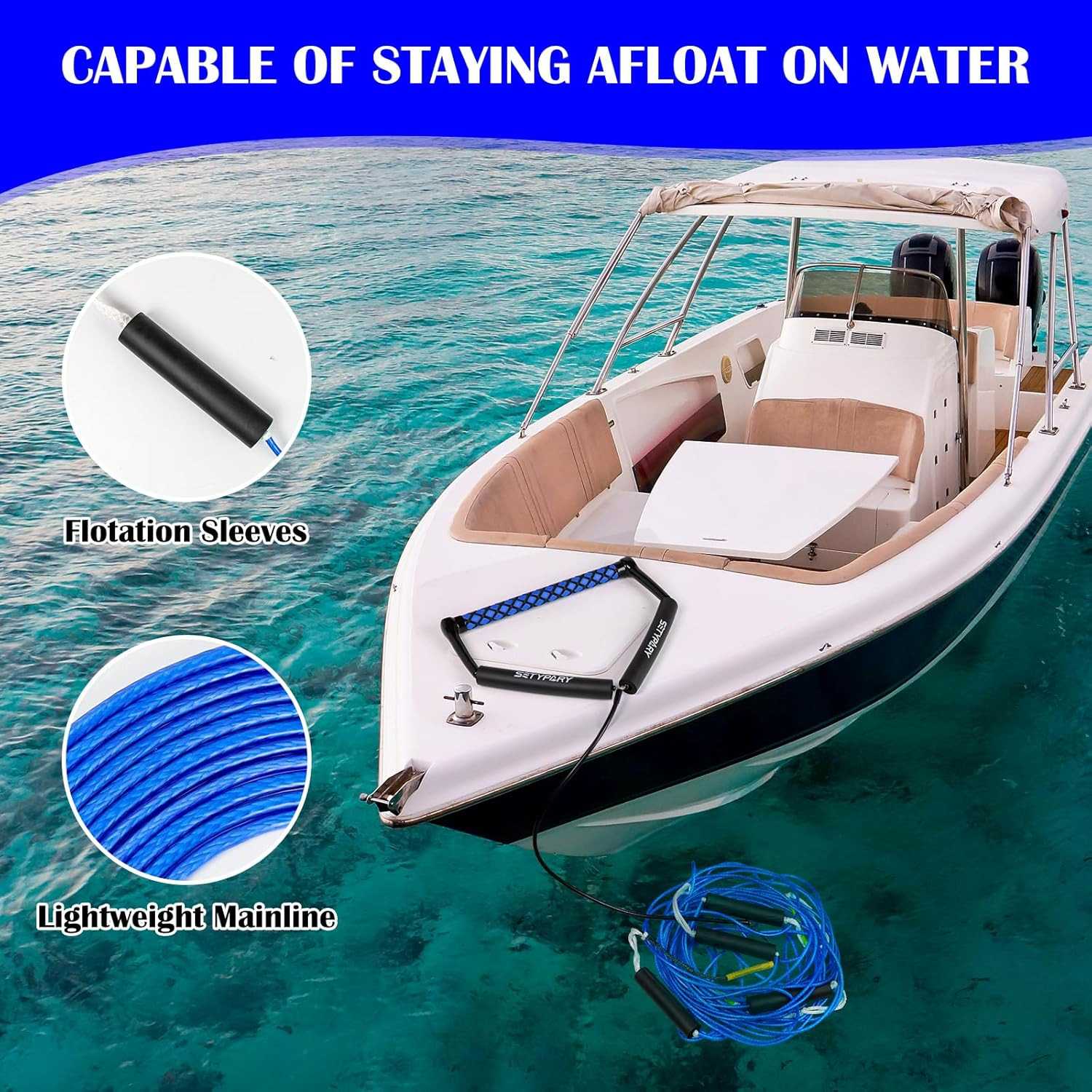 75FT Dyneema Wakeboard Rope Handle 4 Section Floating Tow Rope