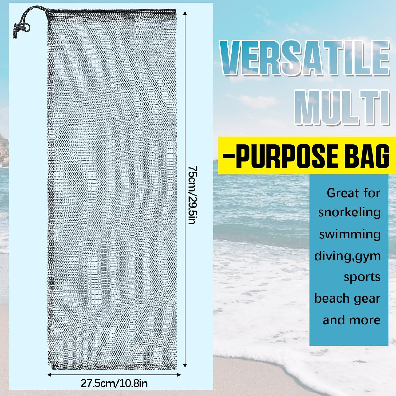 2 Pcs Diving Snorkeling Mesh Drawstring Bags 29.5×10.8 Inches Black Quick-Dry Ge
