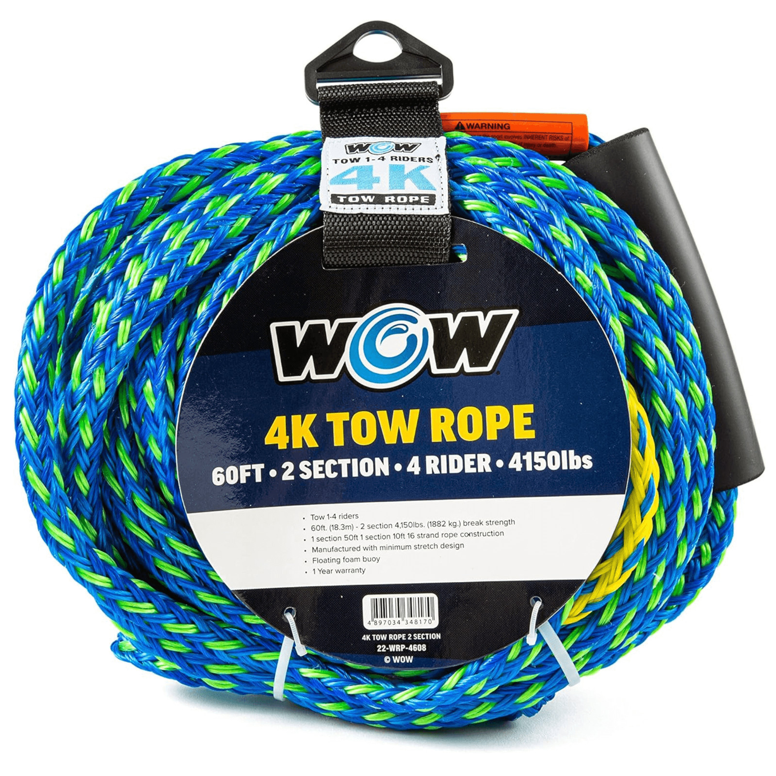 WOW Watersports 60ft 4-Rider 4K Tow Rope w 2 Sections for All Inflated Towables