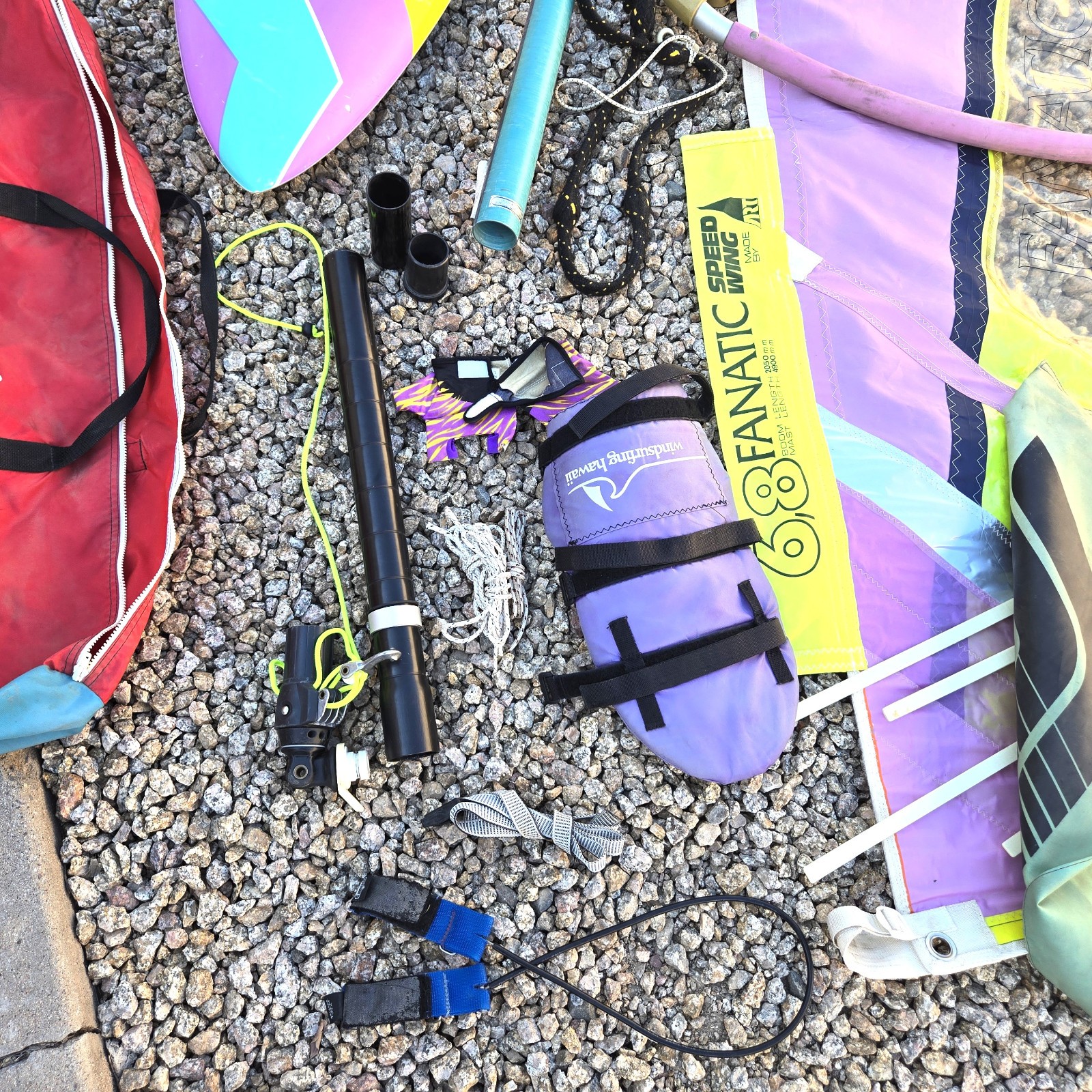Vintage Fanatic Lite Bat Windsurfer Board w/6.8 Sail Mast Boom Accessory Kit