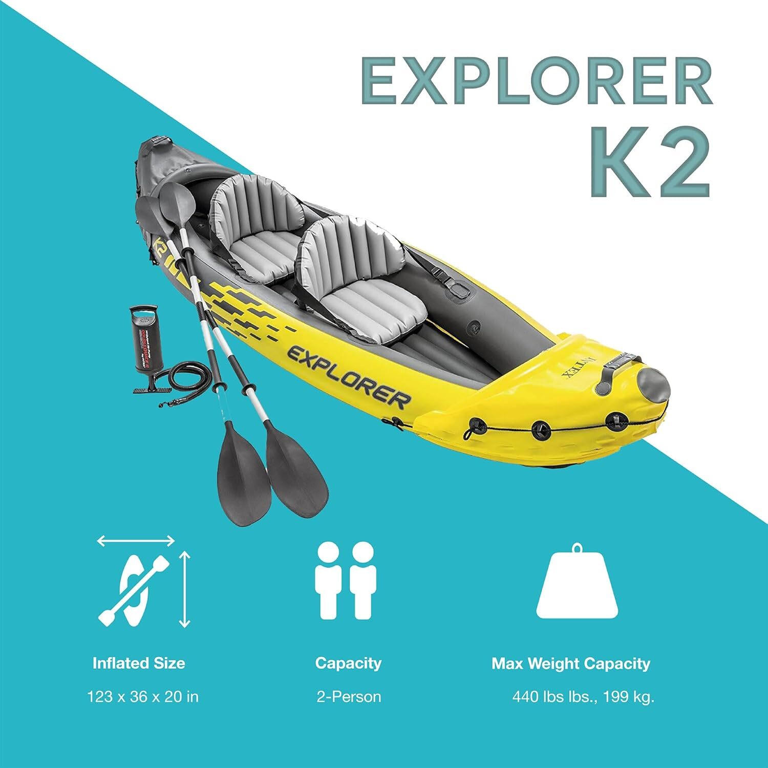 Intex 68307EP K2 Inflatable Kayak 2Person 400lb Capacity w/ Aluminum Oars & Pump