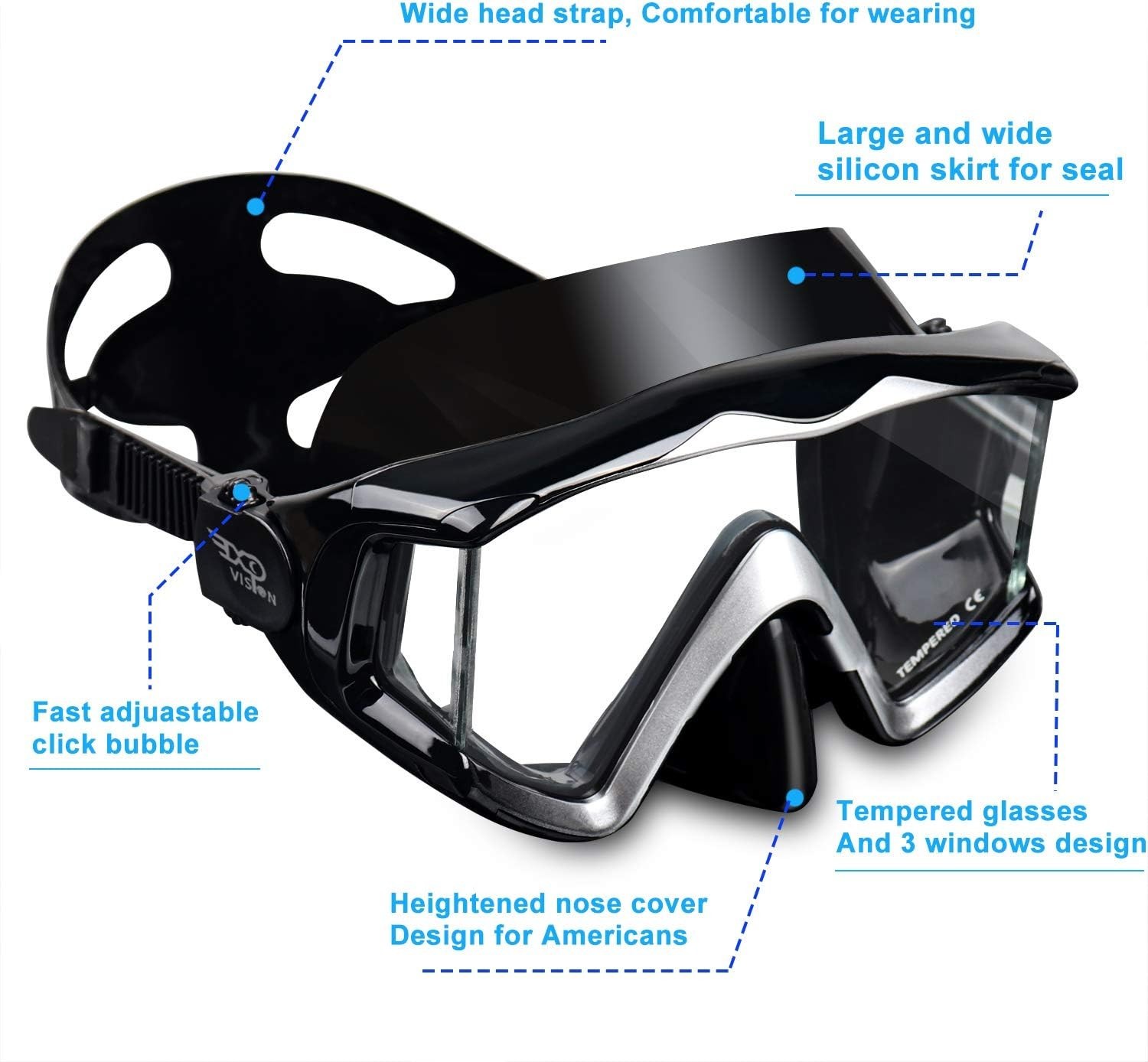 Scuba Diving Mask Tempered Glass Lens Swim Goggles Snorkeling Panoramic View