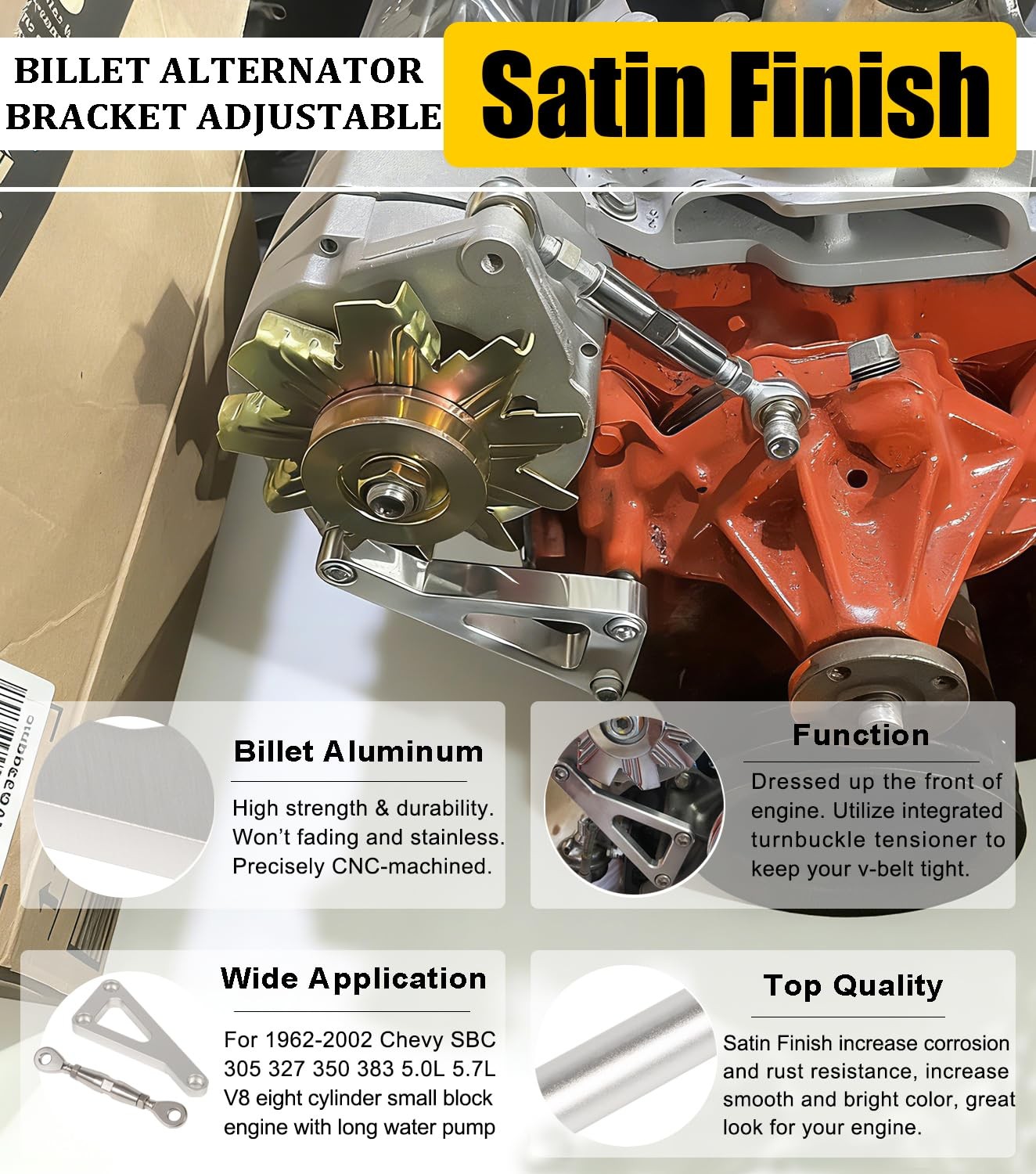 Billet Alternator Bracket Adjustable Kit Fits for Chevy SBC 305 327 Silver