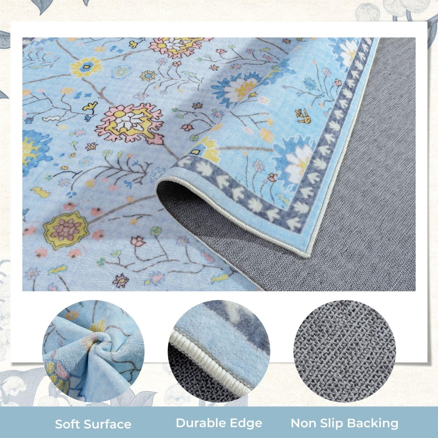2×3 Area Rugs, Washable Floral Boho Rugs, Non Slip Low Pile Small Carpet, Ind…