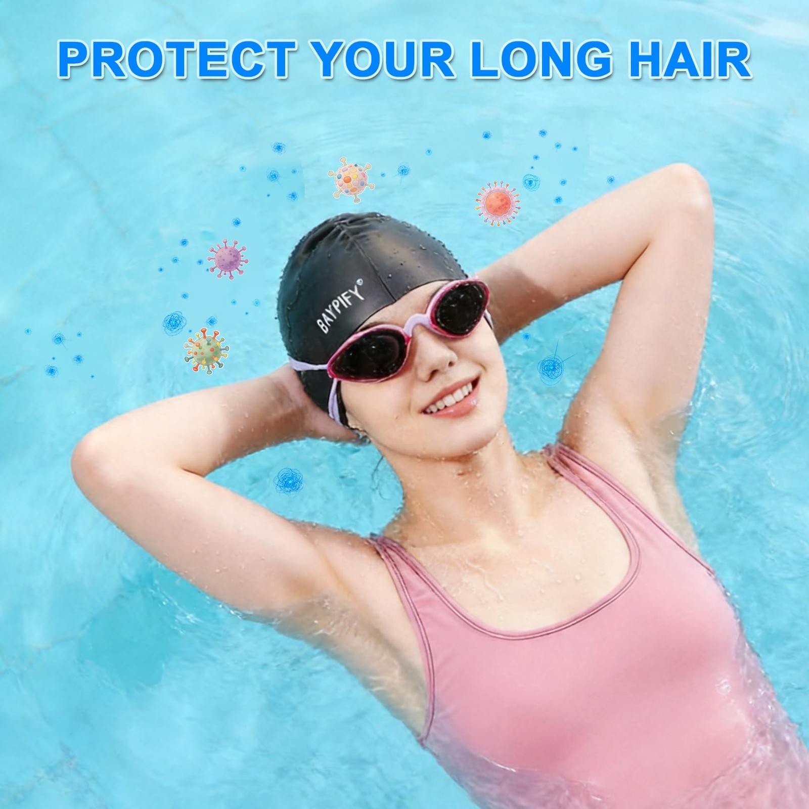 Baypify 2 Pack Swim Cap for Long Hair, Silicone Swimming Large, Purple black