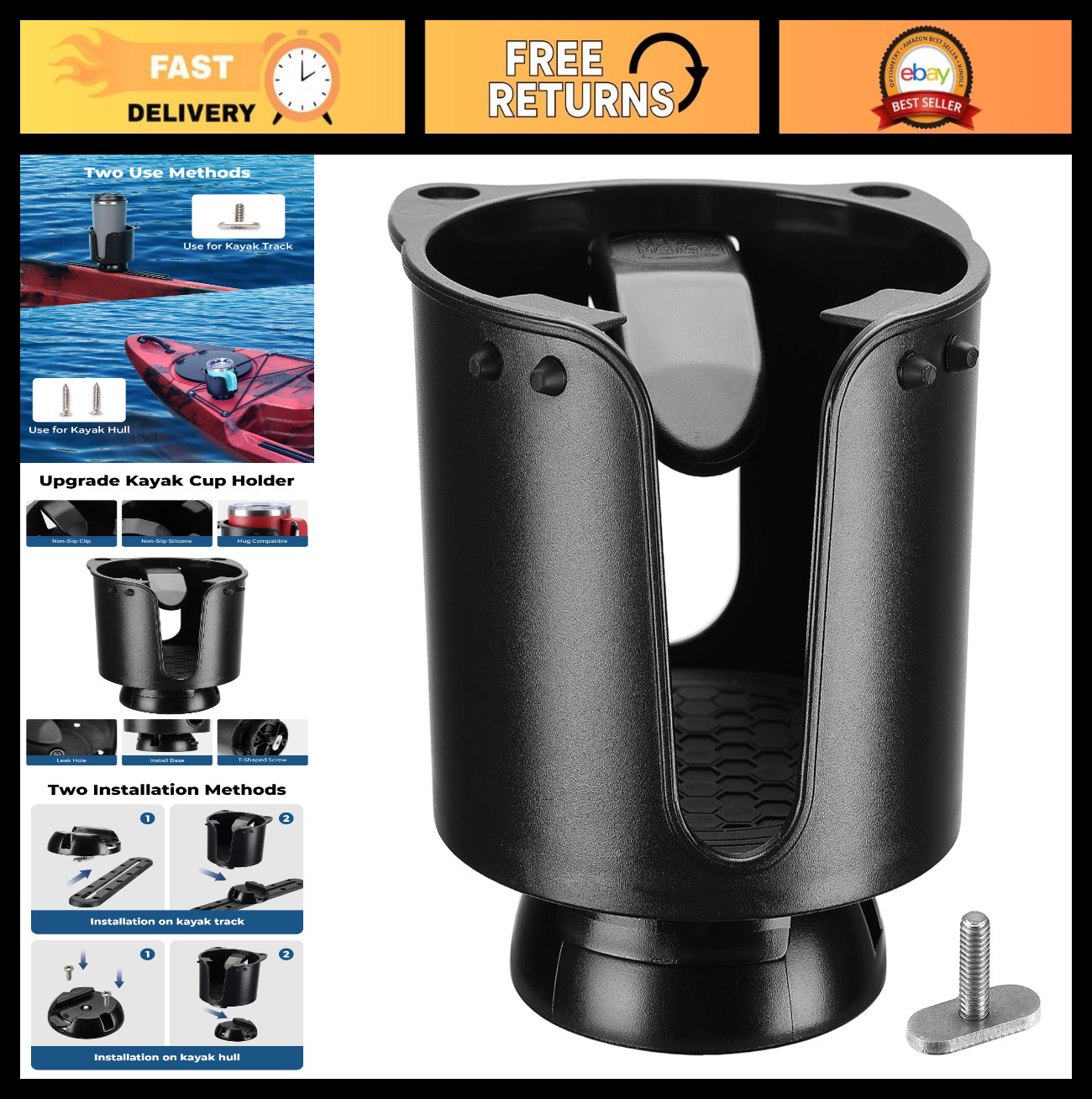 Universal Kayak Cup Holder with Track Mount, Anti-Slip Clips for 12-32 oz Bottle