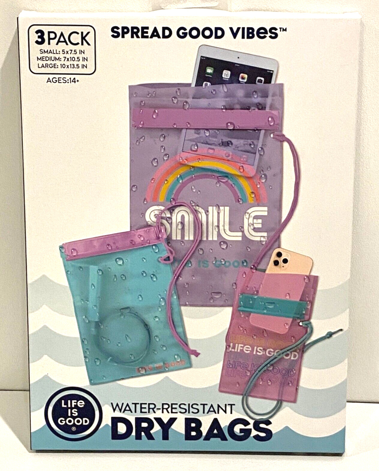 Life Is Good SMILE Set Of Three Water Resistant Dry Bags Various Sizes NIB