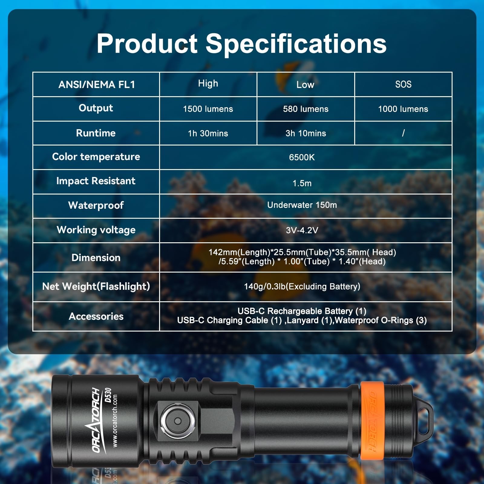 ORCATORCH D530 Scuba Dive Light, 1300 Lumens, 8 Degrees Narrow Beam Angle, Ti…