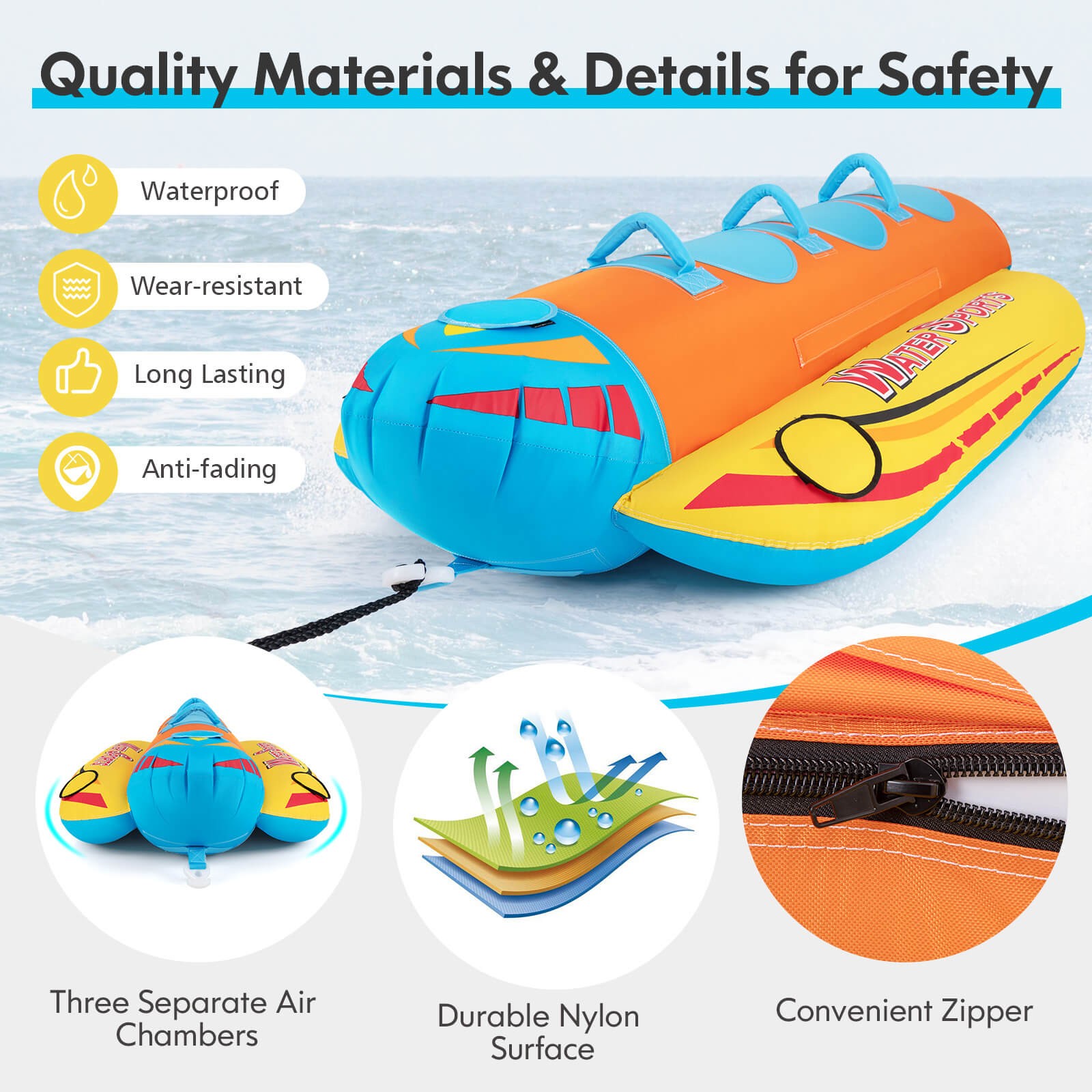 3-Person Inflatable Banana Boat w/ Boating & Water Sports 3 EVA-padded Seats