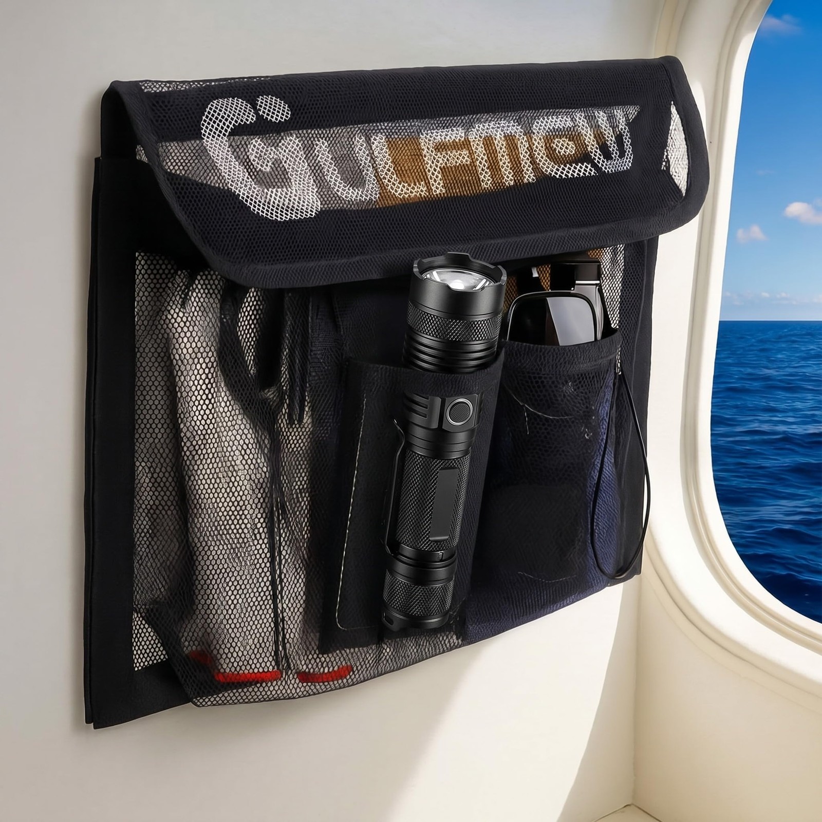 1 PCS 14″ X 9.8″ Boat Storage Bag Secure Lid 2 Pockets Mesh Organizer Adhesive