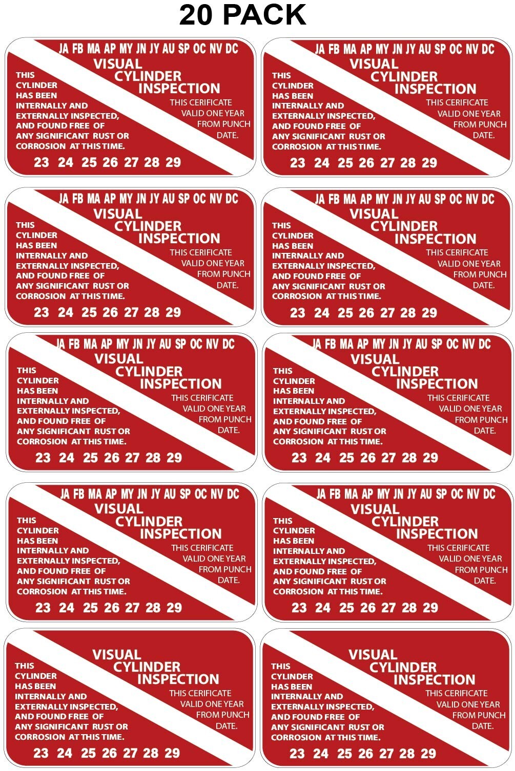20 Pack of Scuba Tank Visual Inspection Stickers Years 2023-2029 1.75″ x 3″ p962