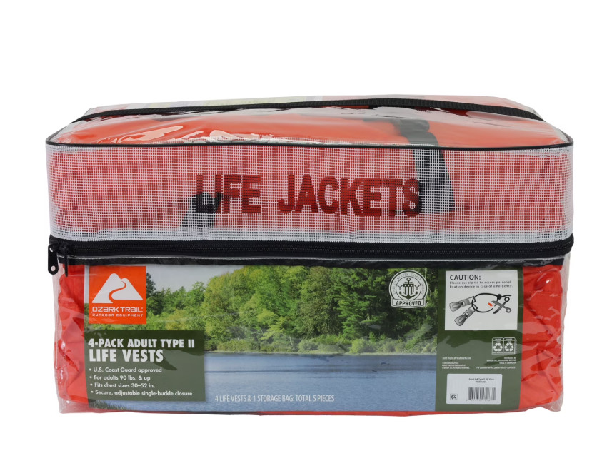 Ozark Trail 4-Pack Adult Type II Life Vest, Includes Storage Bag, Orange