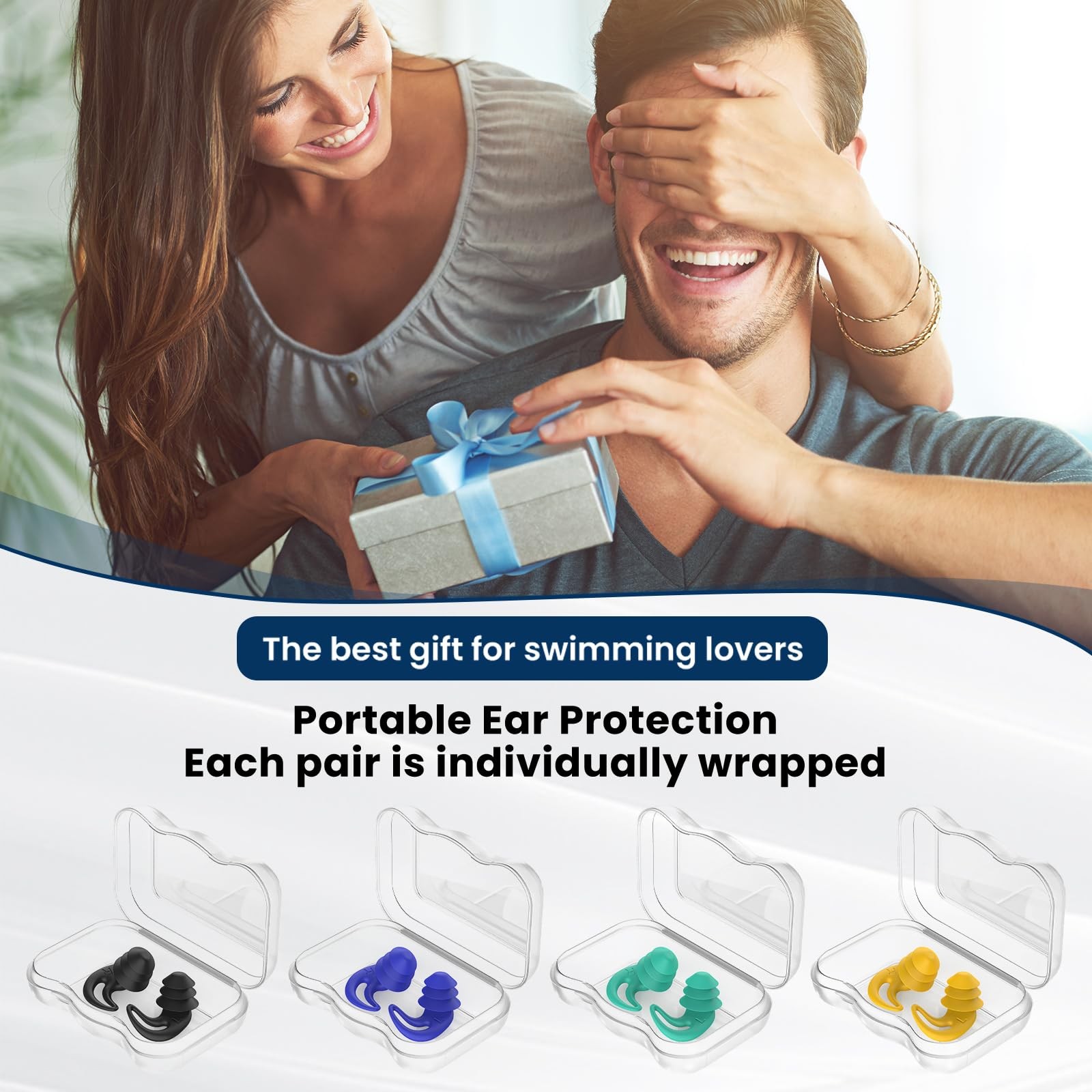 Waterproof Ear Plugs for 1 pair (Pack of 4), Black, Blue, Yellow, Green