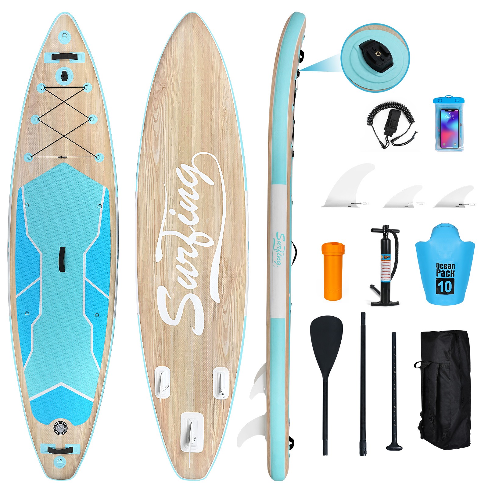 11FT 33″ Inflatable Surfboard Paddle Board Wide 330LBS Capacity 3-Fin System