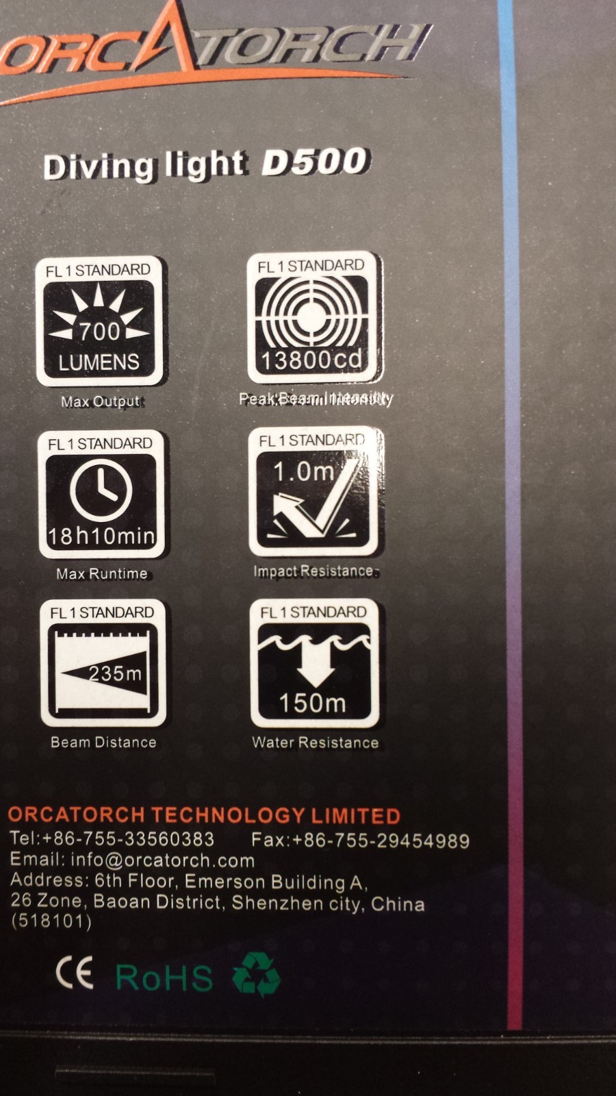 Orca Torch D500 Aluminum LED Dive light with Rechargeable Battery & Charger